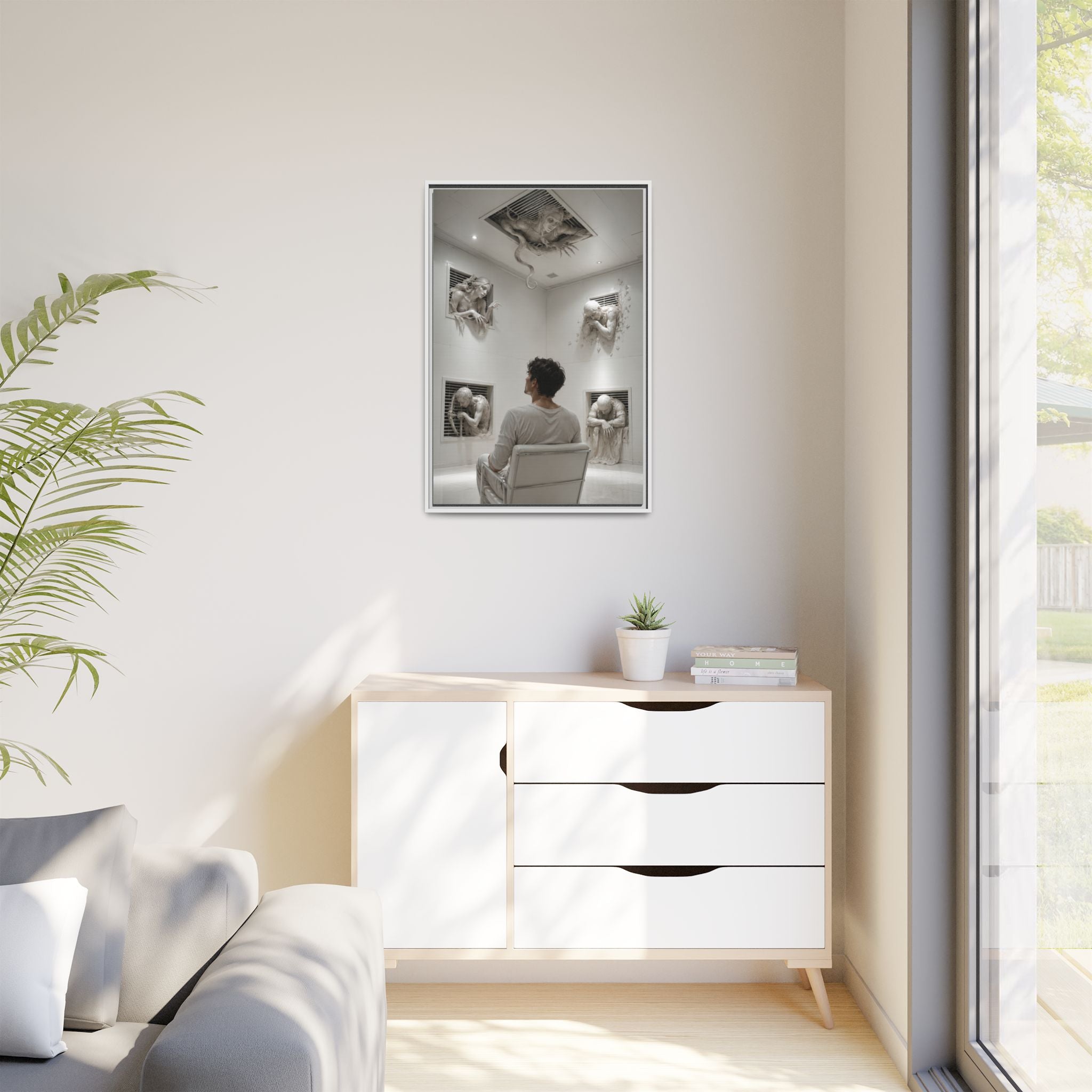 Surreal Wall Art Canvas — Man in Gallery with Sculpted Figures, Framed Matte Print