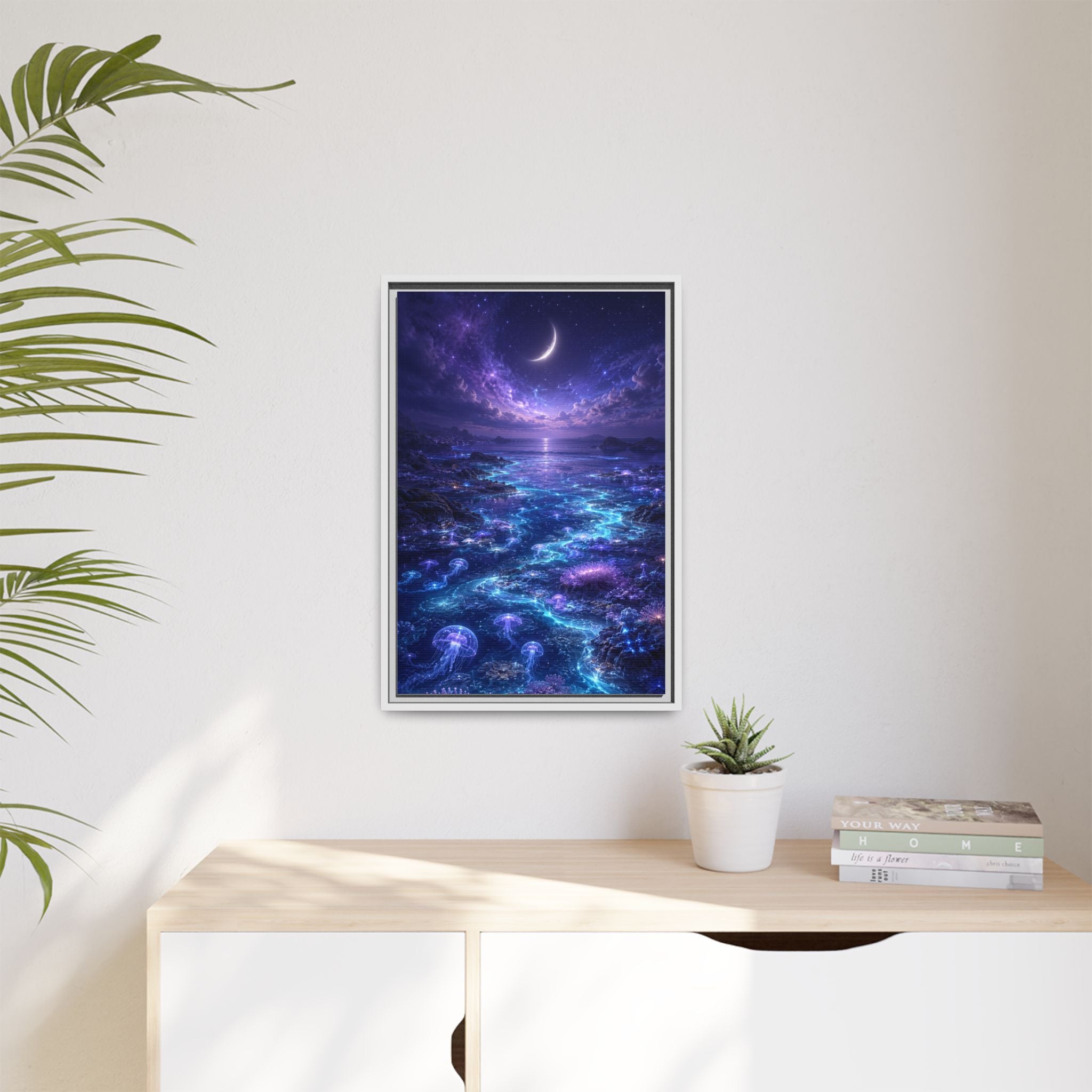 Framed Canvas Art — Bioluminescent Moonlit Ocean Scene