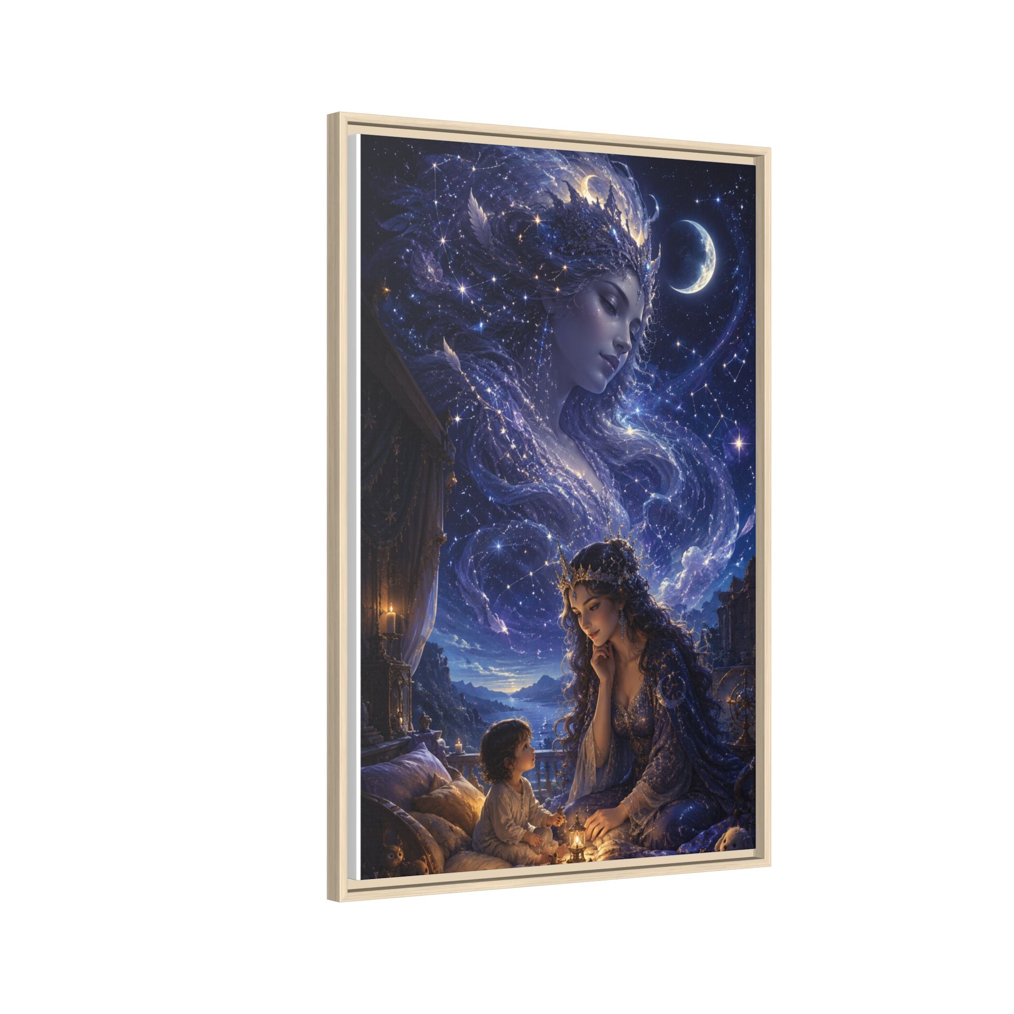 Framed Matte Canvas — Mystical Moon Mother & Child Nightscape Wall Art