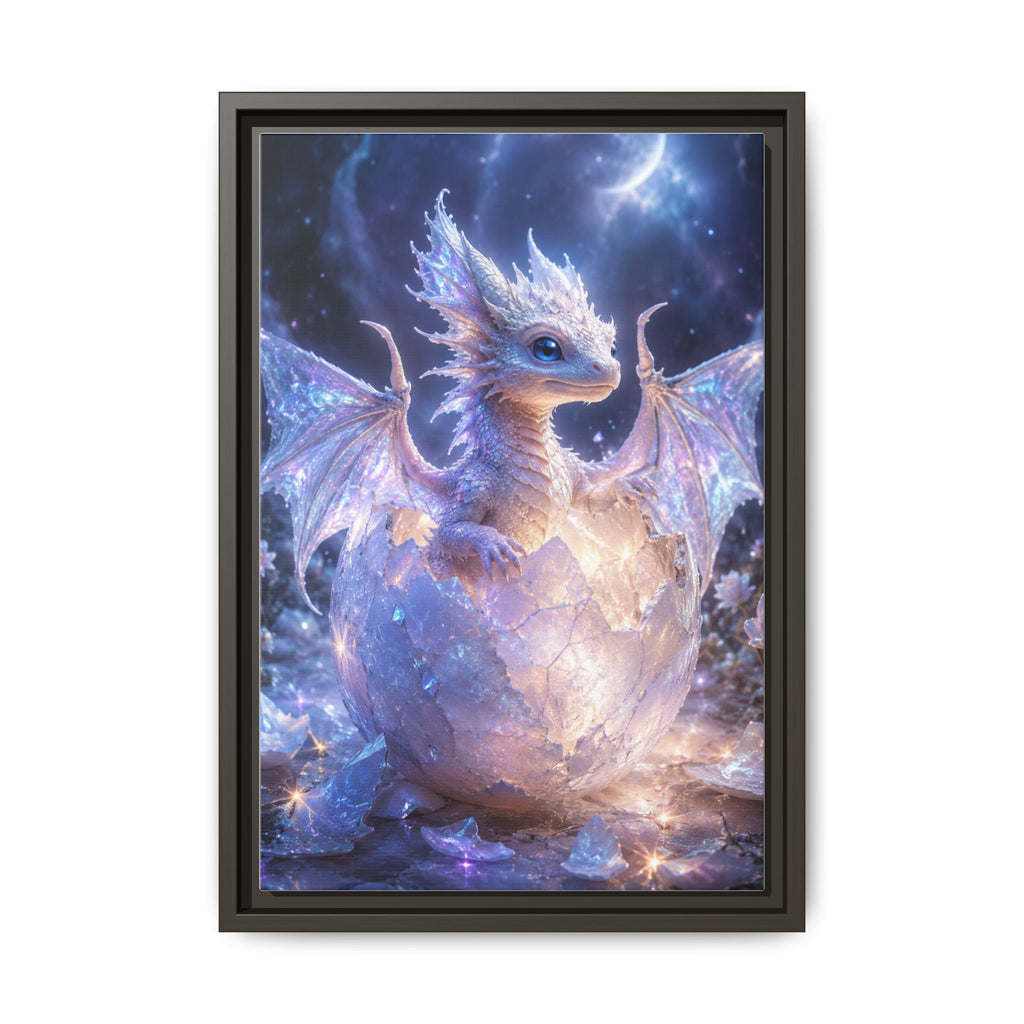 Framed Fantasy Dragon Canvas Print — Mystical Baby Dragon in Cracked Egg Wall Art