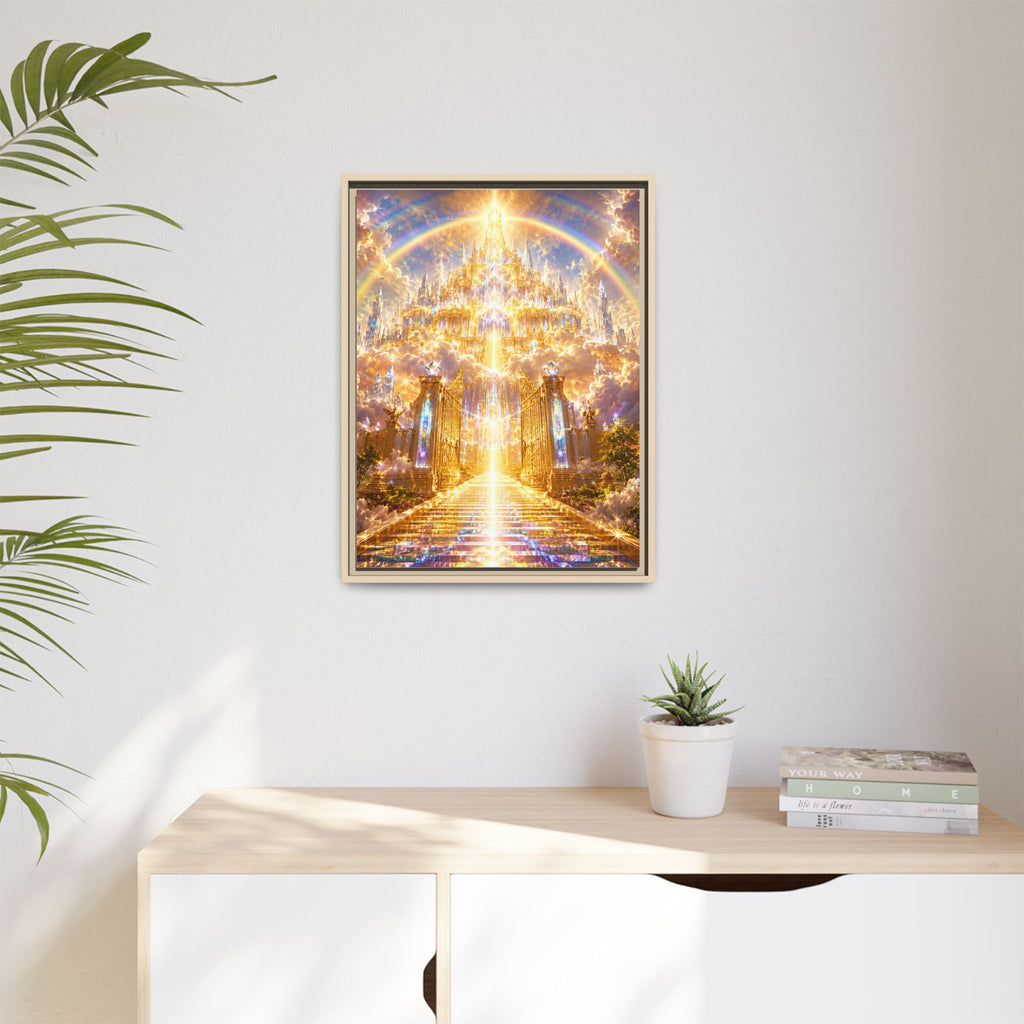 Heavenly Gateway Matte Framed Canvas — Golden Rainbow Spiritual Wall Art