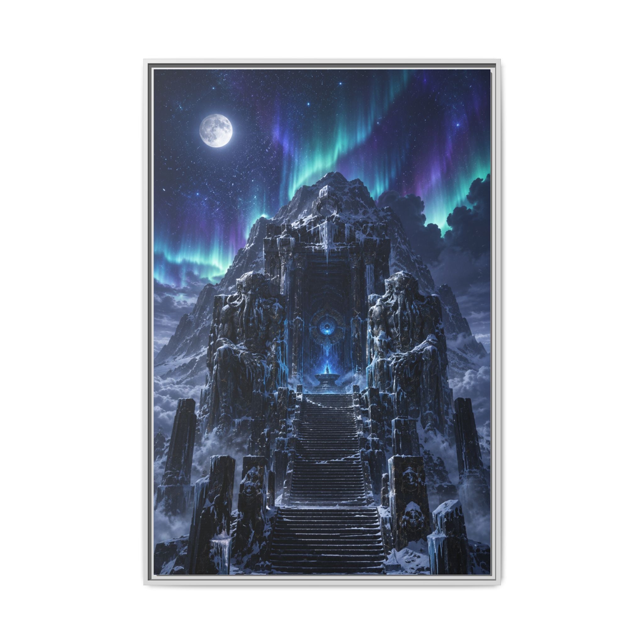 Aurora Mountain Fortress Matte Canvas Print (Framed) — Fantasy Nightscape Wall Art