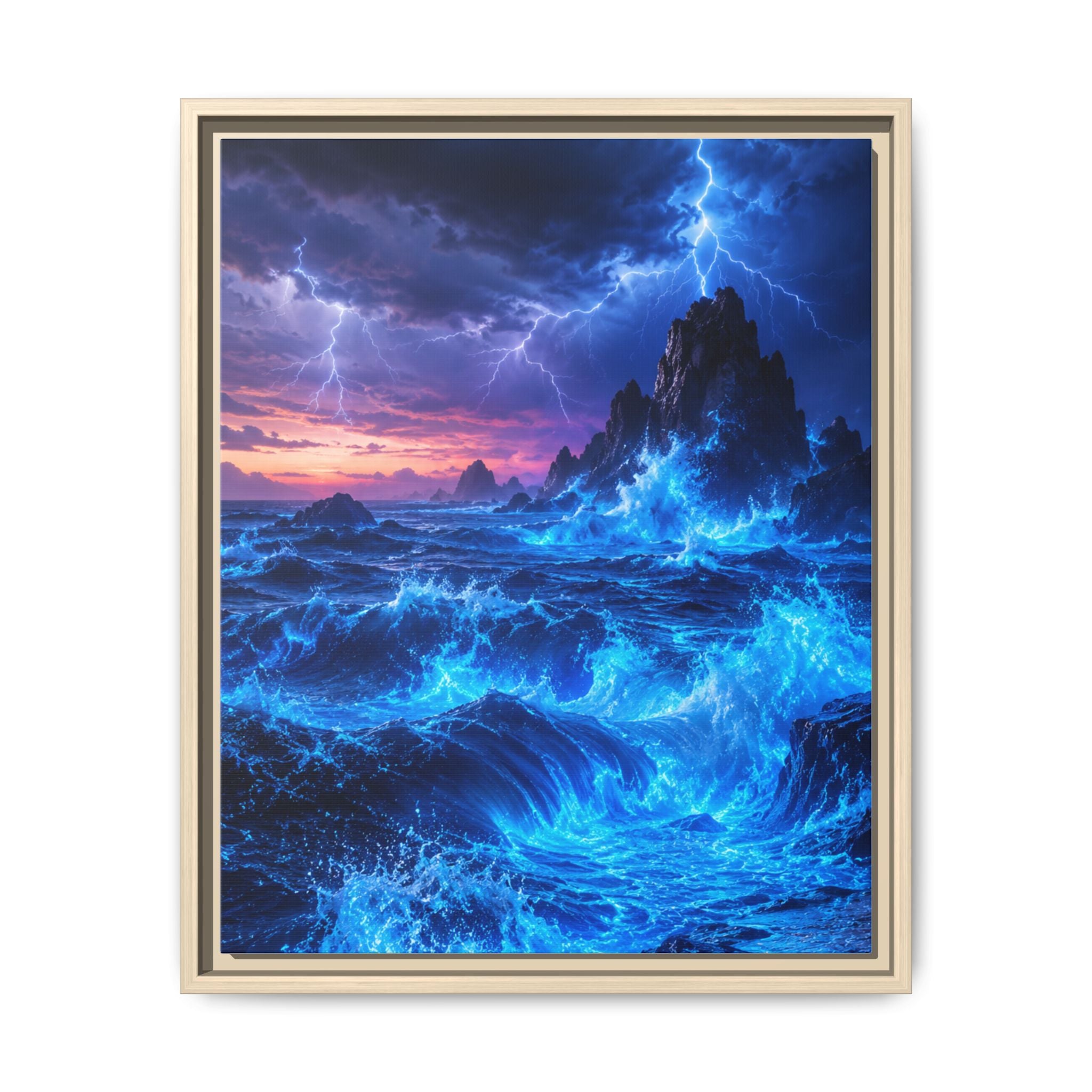 Framed Matte Canvas Art — Electric Stormy Ocean Landscape