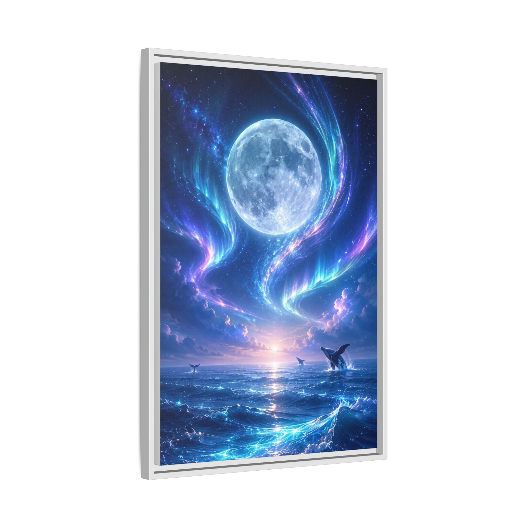Framed Canvas Art - Lunar Aurora Ocean Scene