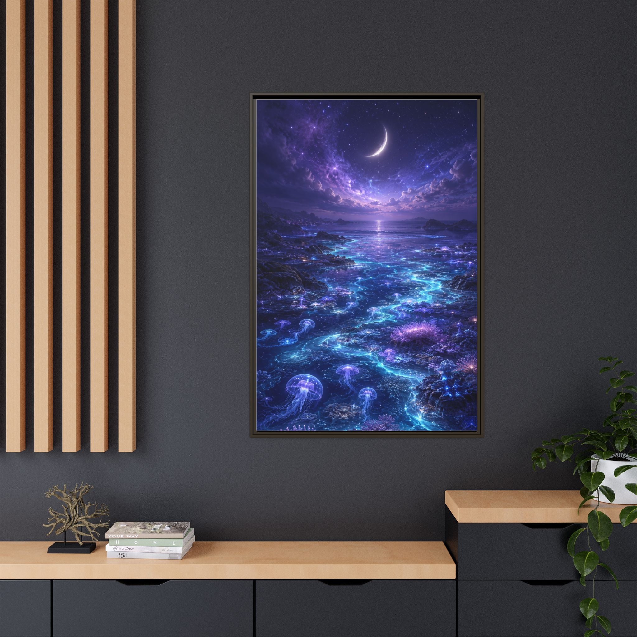 Framed Canvas Art — Bioluminescent Moonlit Ocean Scene