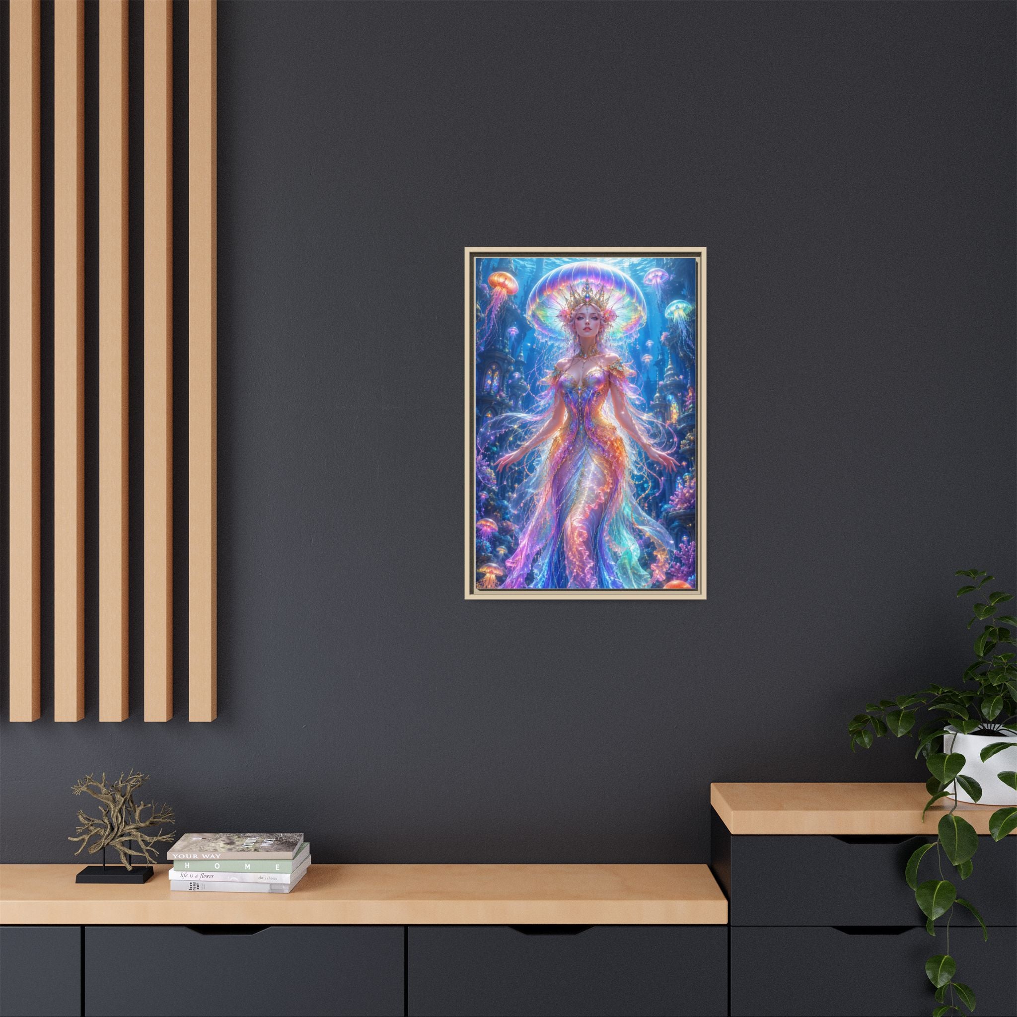 Jellyfish Queen Framed Canvas Art — Vibrant Mermaid Goddess Wall Print
