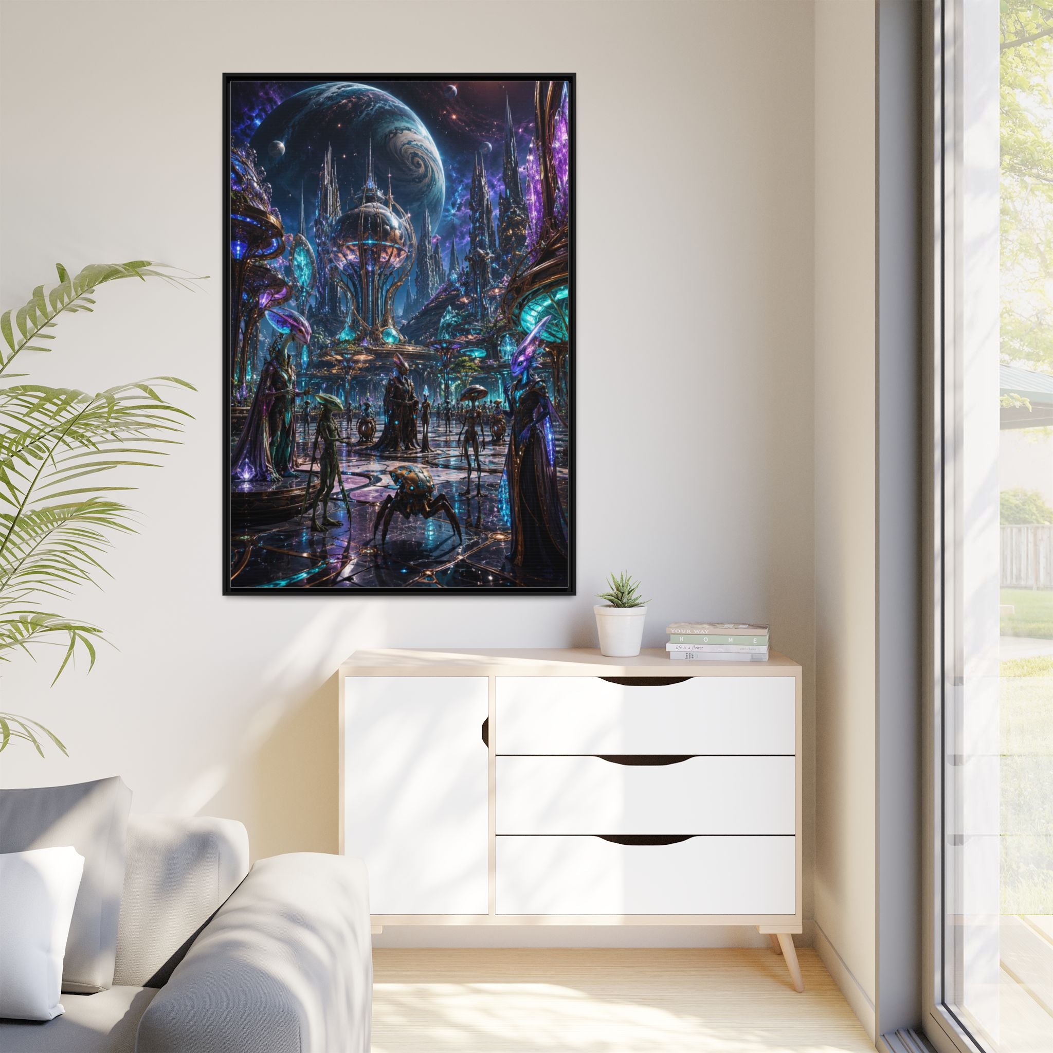 Framed Matte Canvas - Neon Sci‑Fi Cityscape Wall Art