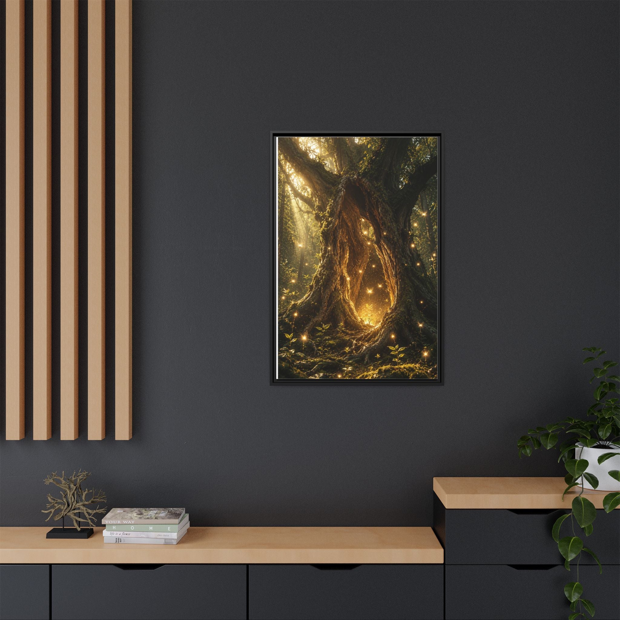Framed Canvas Art - Enchanted Forest Tree with Glowing Fireflies