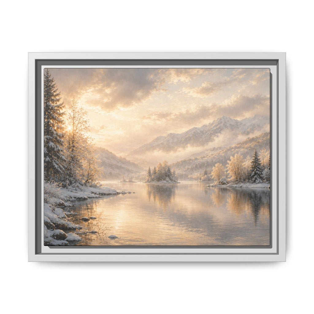 Framed Framed Canvas Print — Serene Golden Mountain Lake Landscape