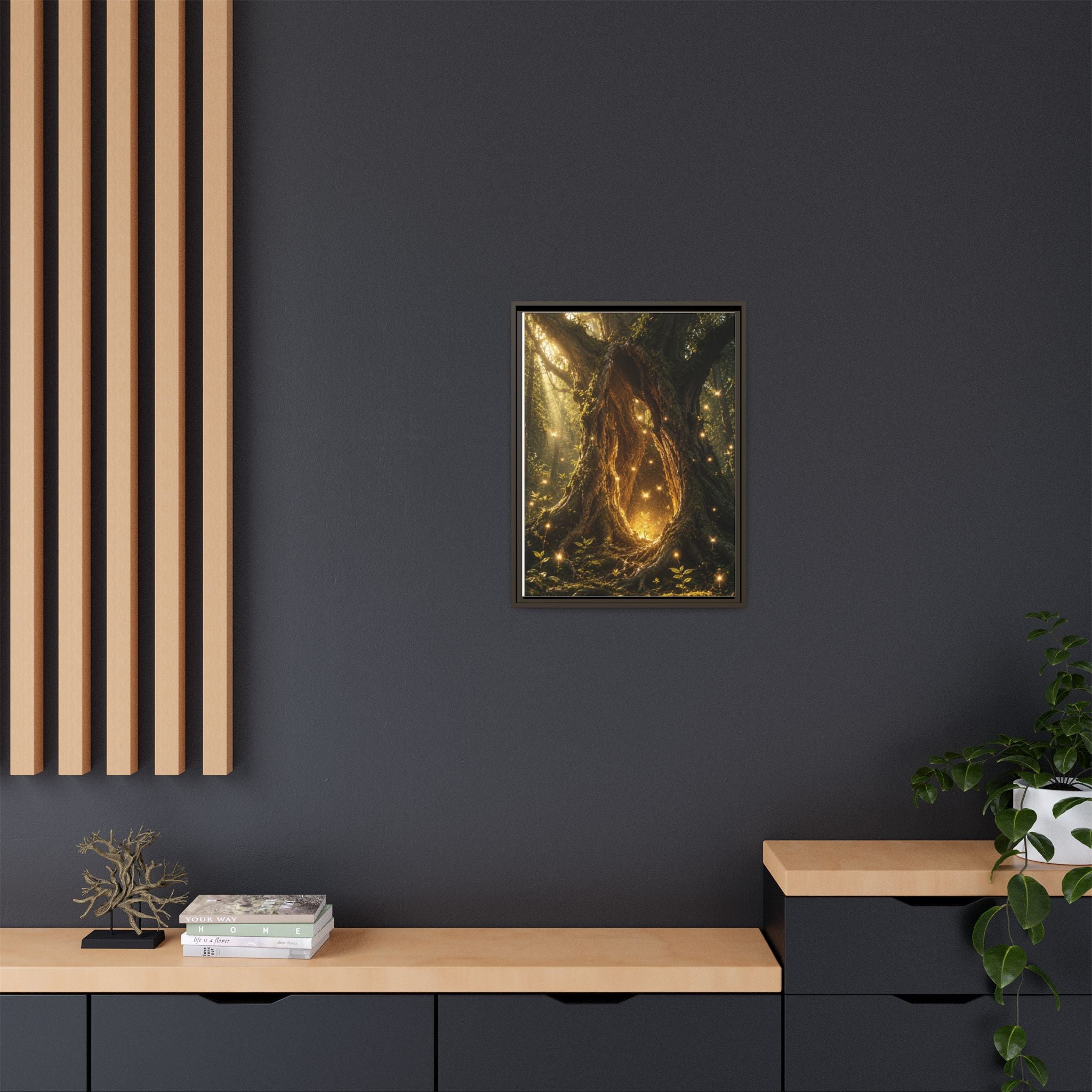 Framed Canvas Art - Enchanted Forest Tree with Glowing Fireflies