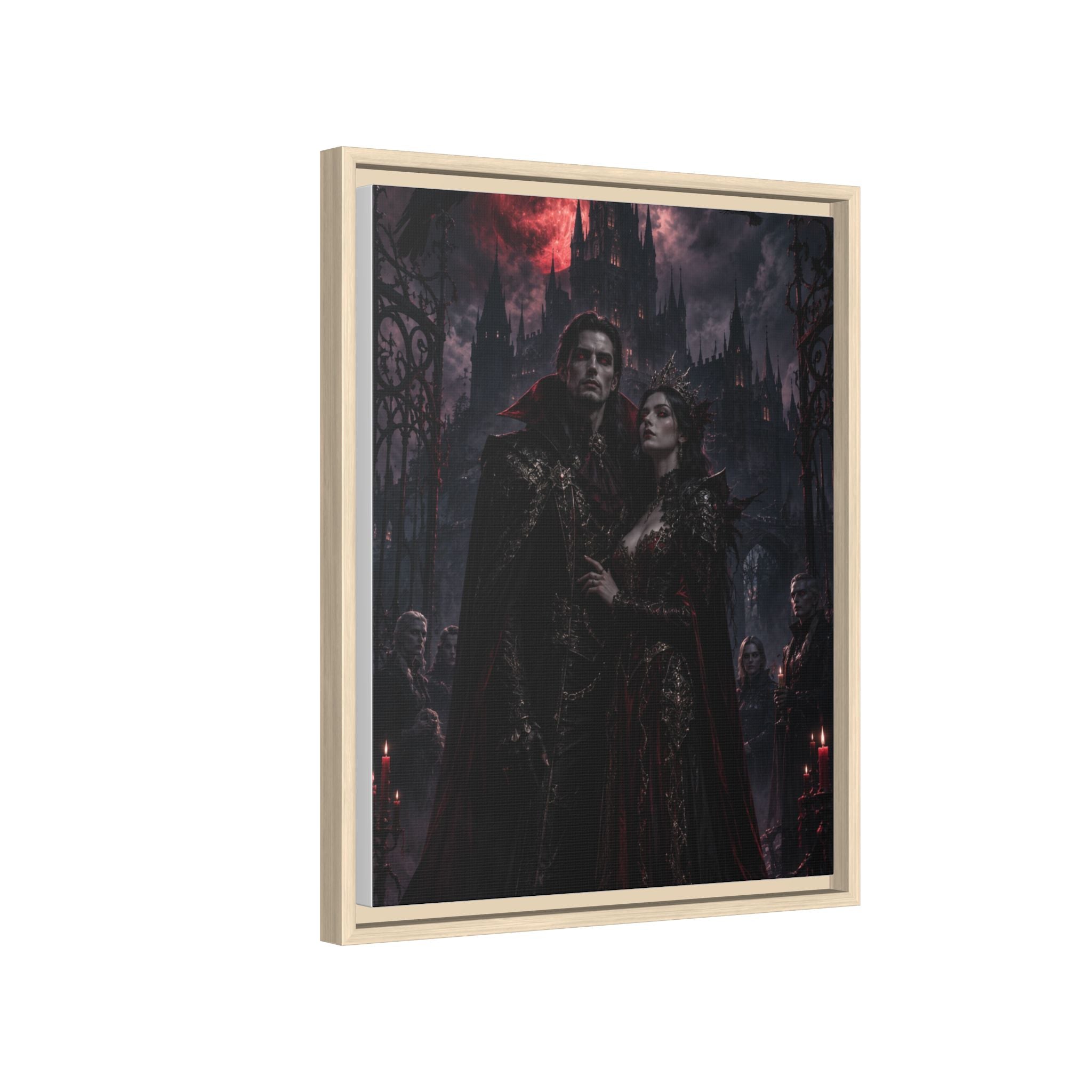 Vampire Couple Matte Framed Canvas Art – Gothic Red Moon Wall Decor