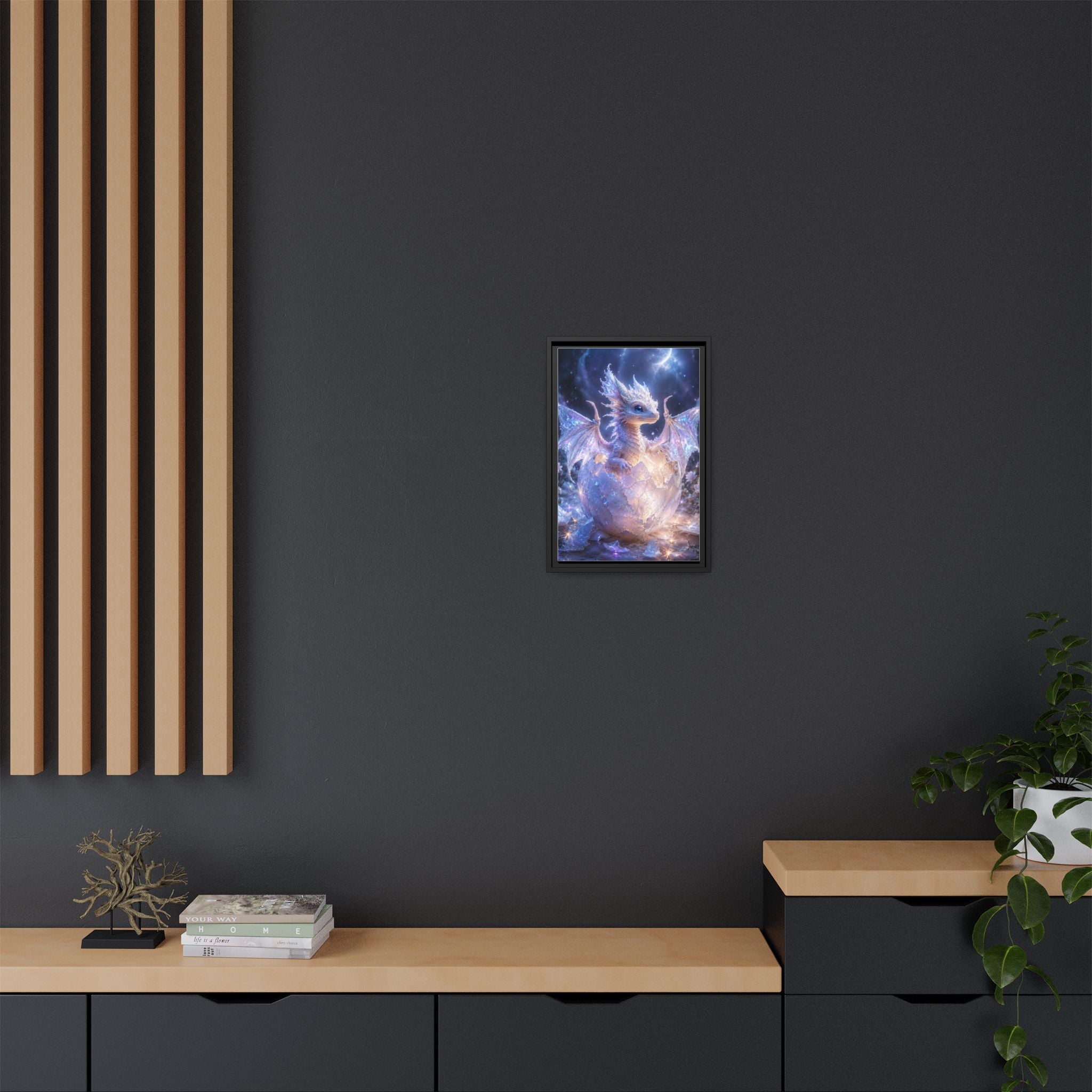 Framed Fantasy Dragon Canvas Print — Mystical Baby Dragon in Cracked Egg Wall Art