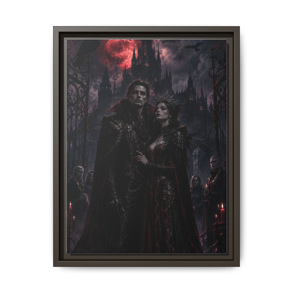 Vampire Couple Matte Framed Canvas Art – Gothic Red Moon Wall Decor