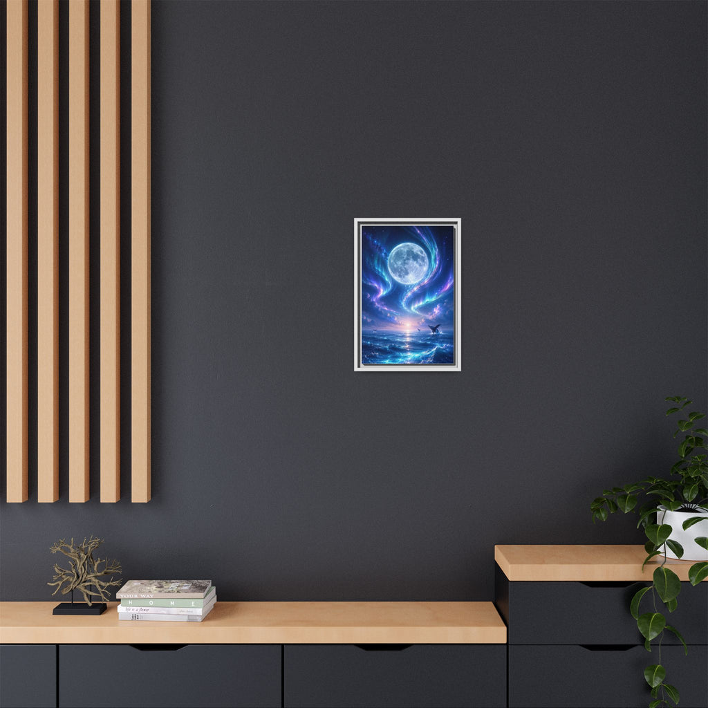 Framed Canvas Art - Lunar Aurora Ocean Scene