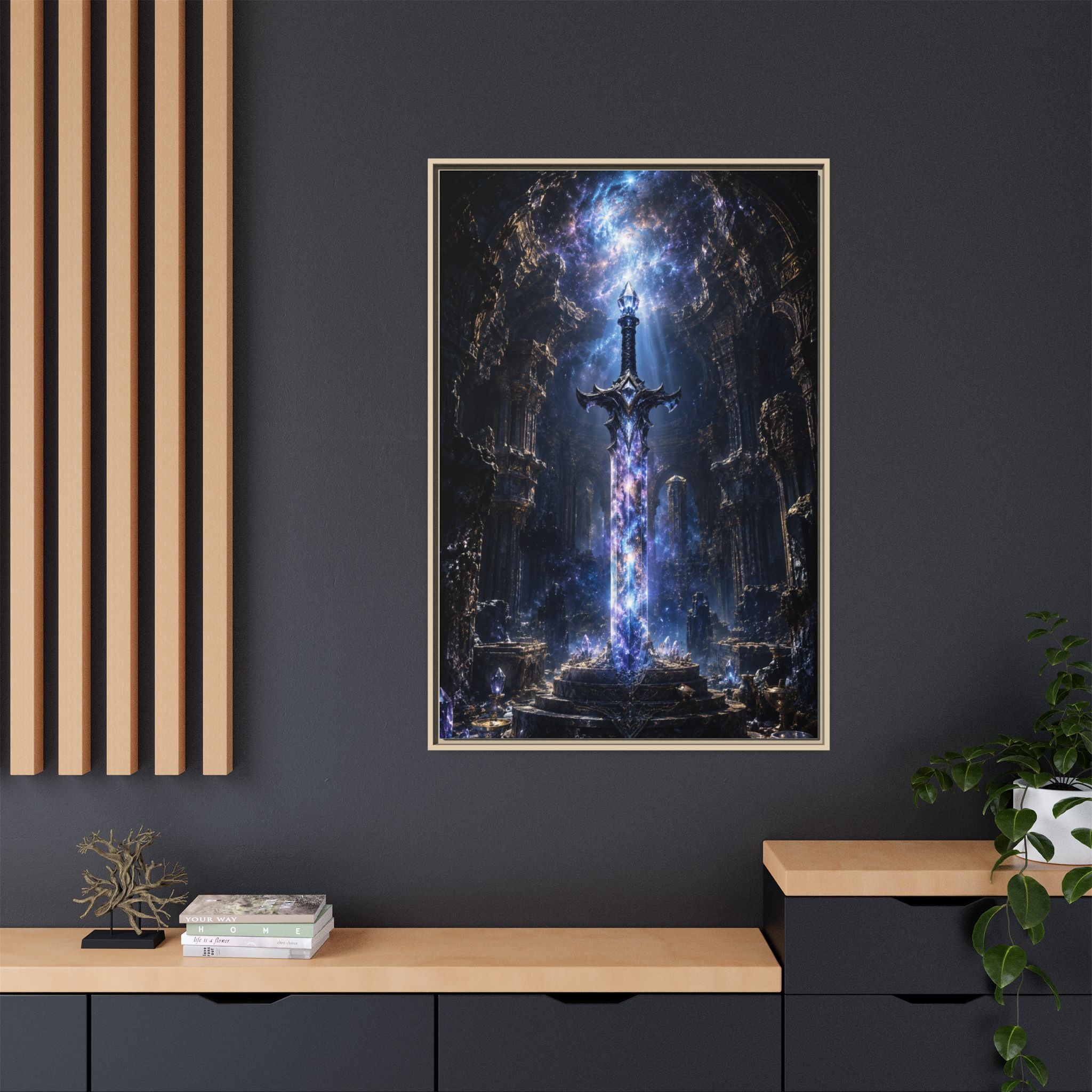 Framed Fantasy Sword Canvas — Mystical Glowing Blade Wall Art