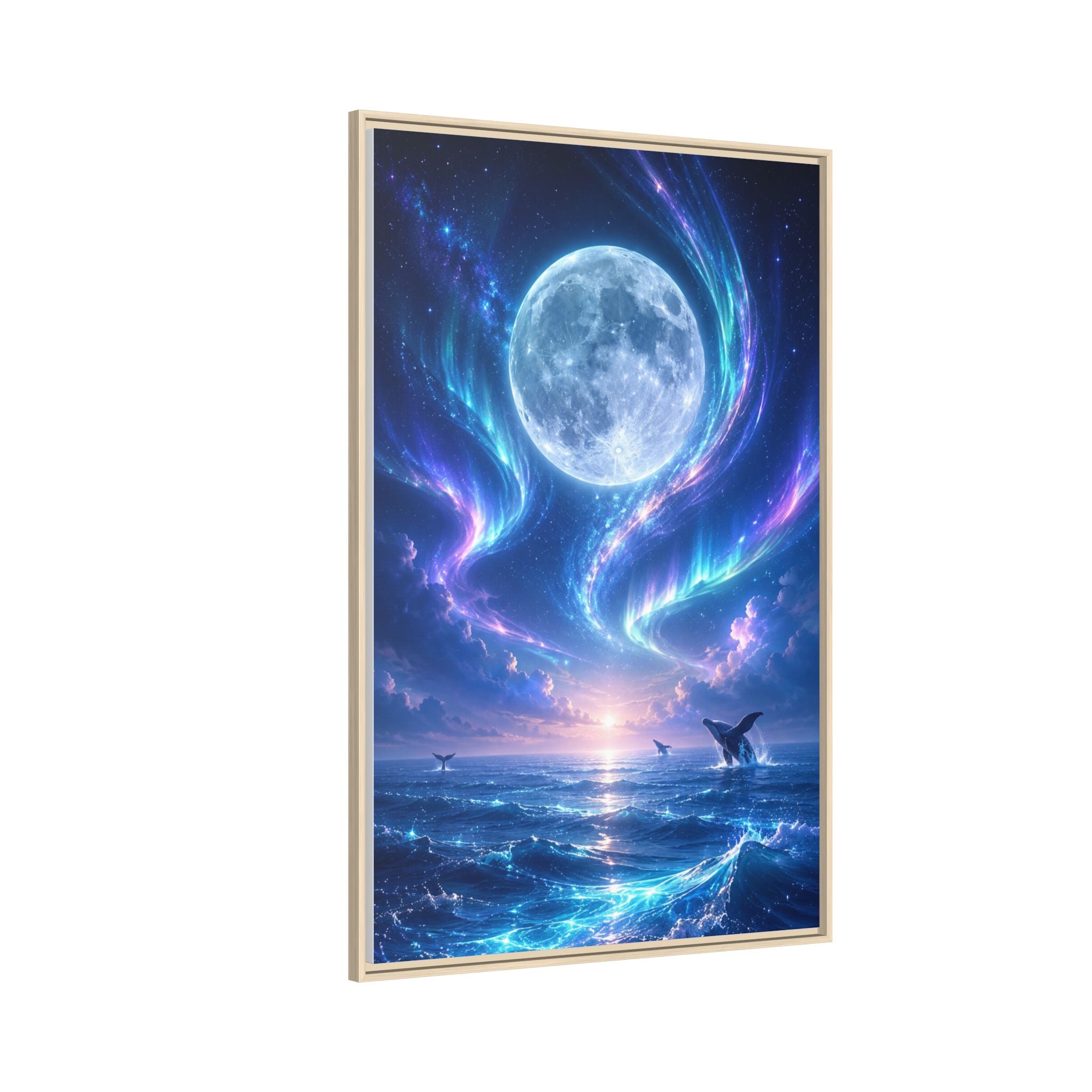 Framed Canvas Art - Lunar Aurora Ocean Scene