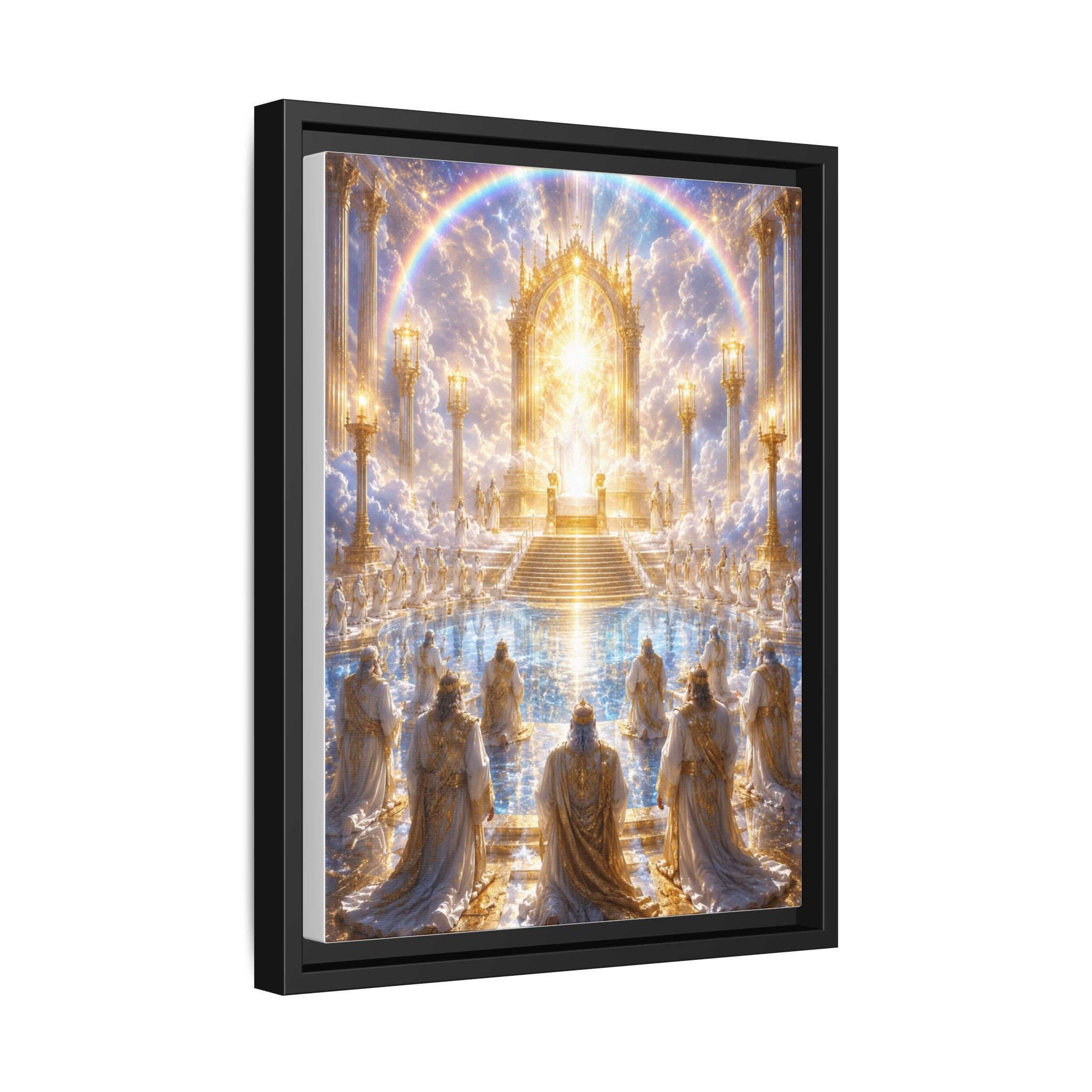 Heavenly Throne Room Matte Framed Canvas — Golden Angelic Realm Wall Art