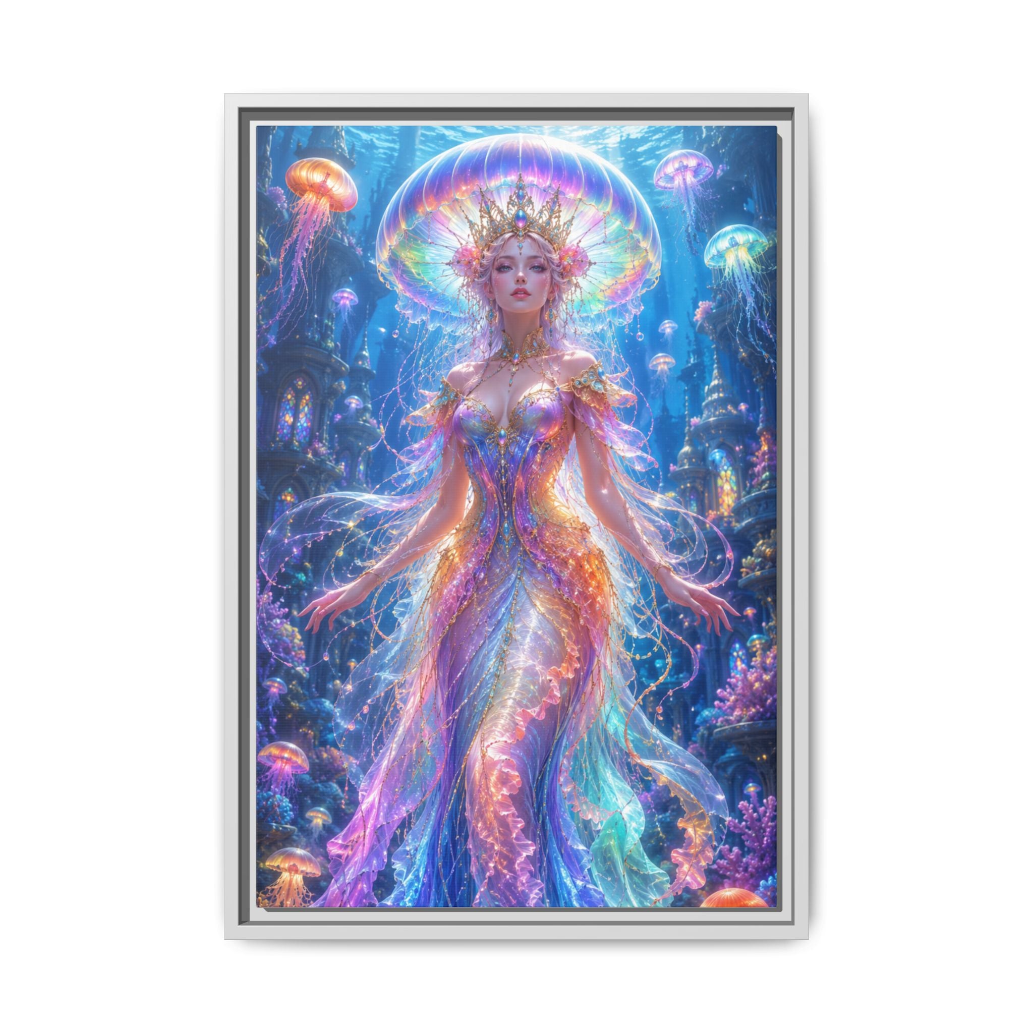 Jellyfish Queen Framed Canvas Art — Vibrant Mermaid Goddess Wall Print