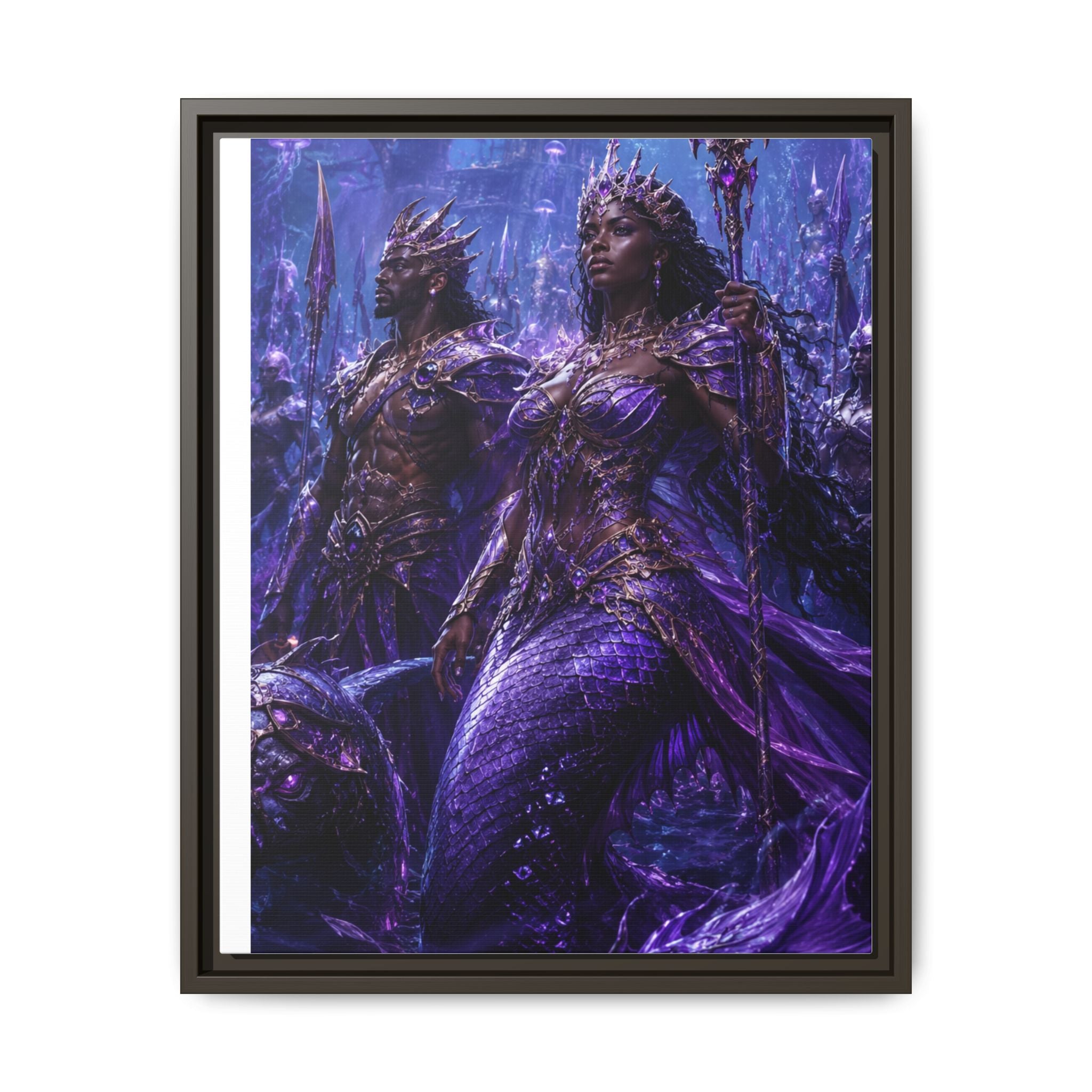 Framed Matte Canvas Print — Regal Underwater Merfolk Royalty (Purple)