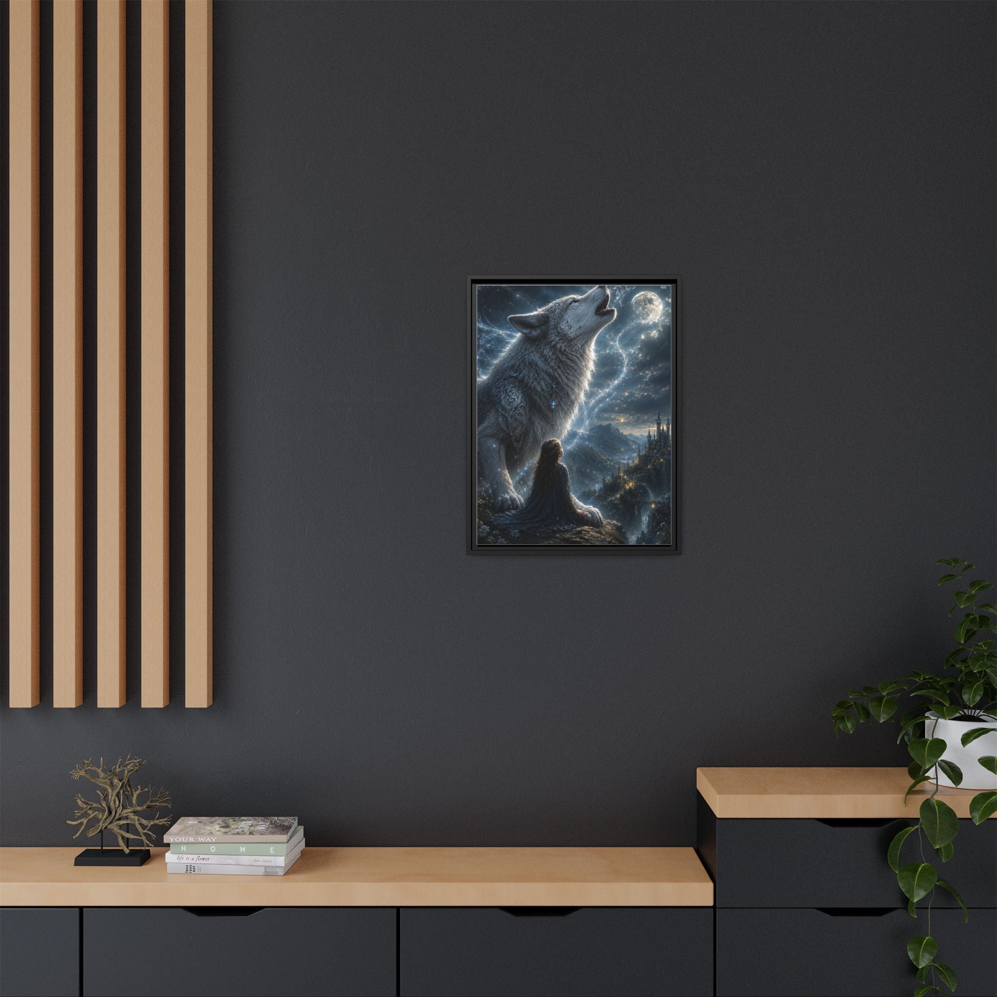 Howling Wolf Moon Matte Canvas Print — Framed Fantasy Wall Art