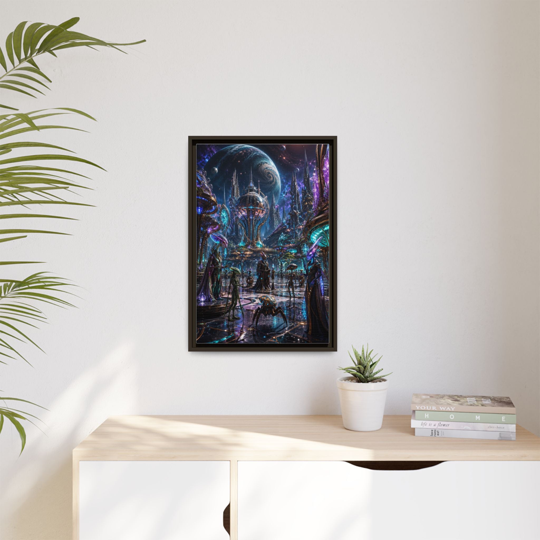 Framed Matte Canvas - Neon Sci‑Fi Cityscape Wall Art