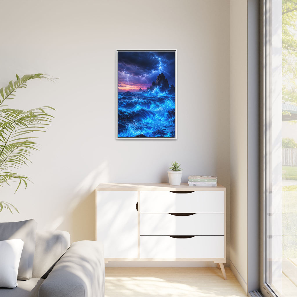 Framed Matte Canvas Art — Electric Stormy Ocean Landscape