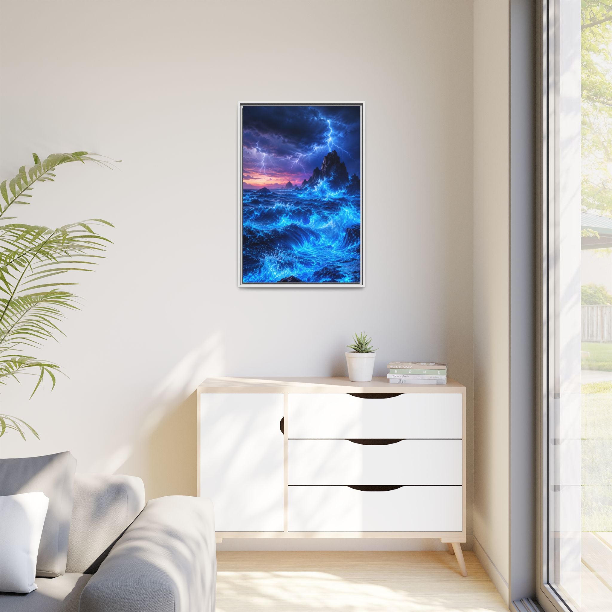 Framed Matte Canvas Art — Electric Stormy Ocean Landscape