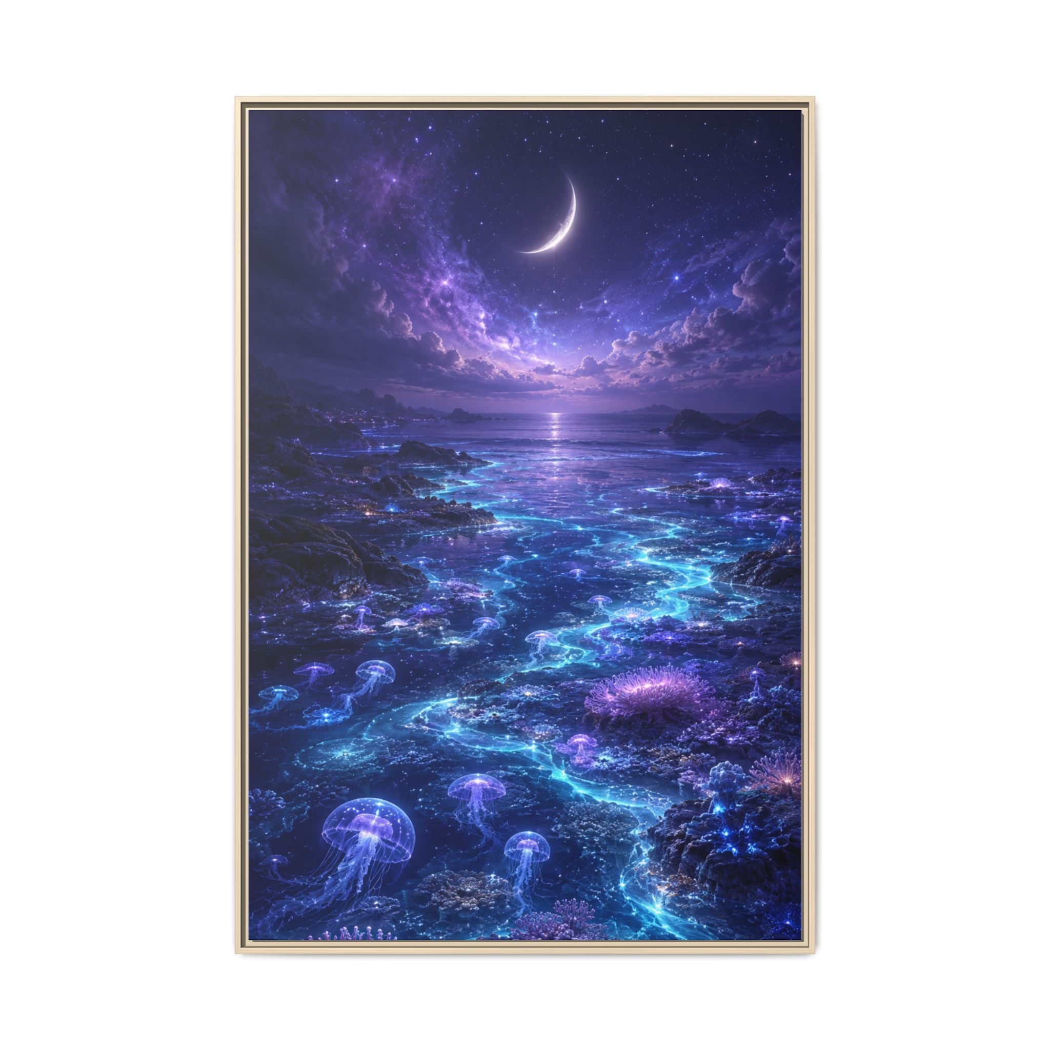 Framed Canvas Art — Bioluminescent Moonlit Ocean Scene