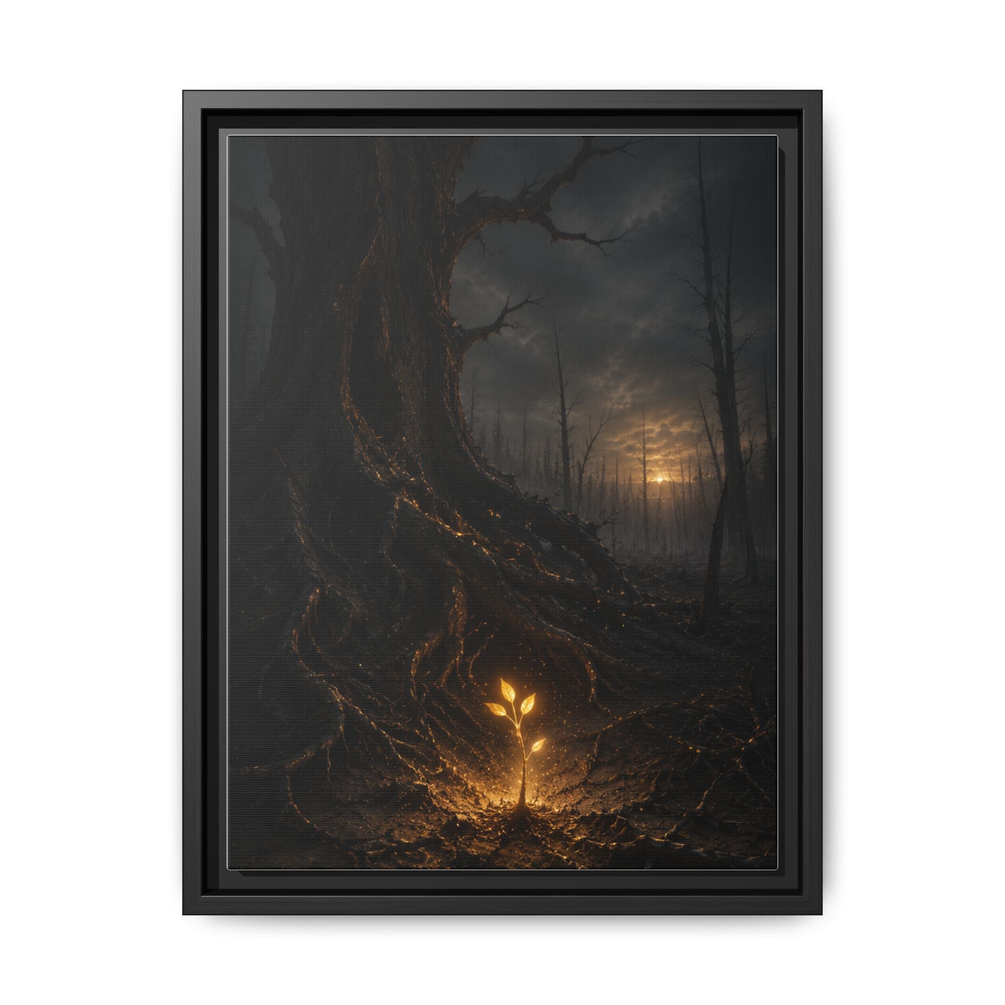 Framed Matte Canvas — Glow Sprout in Dark Forest (Ethereal Fantasy Wall Art)