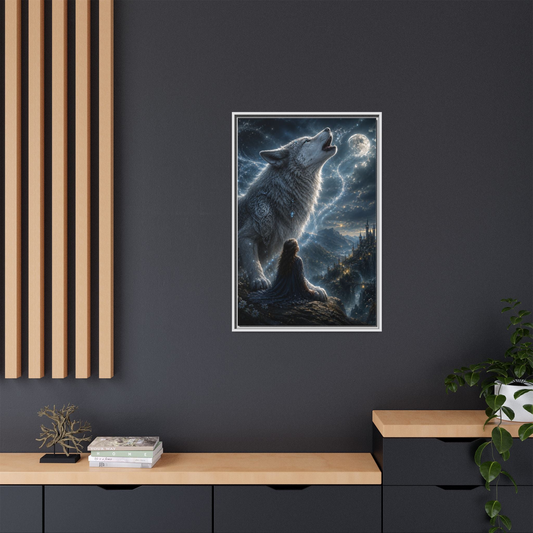 Howling Wolf Moon Matte Canvas Print — Framed Fantasy Wall Art