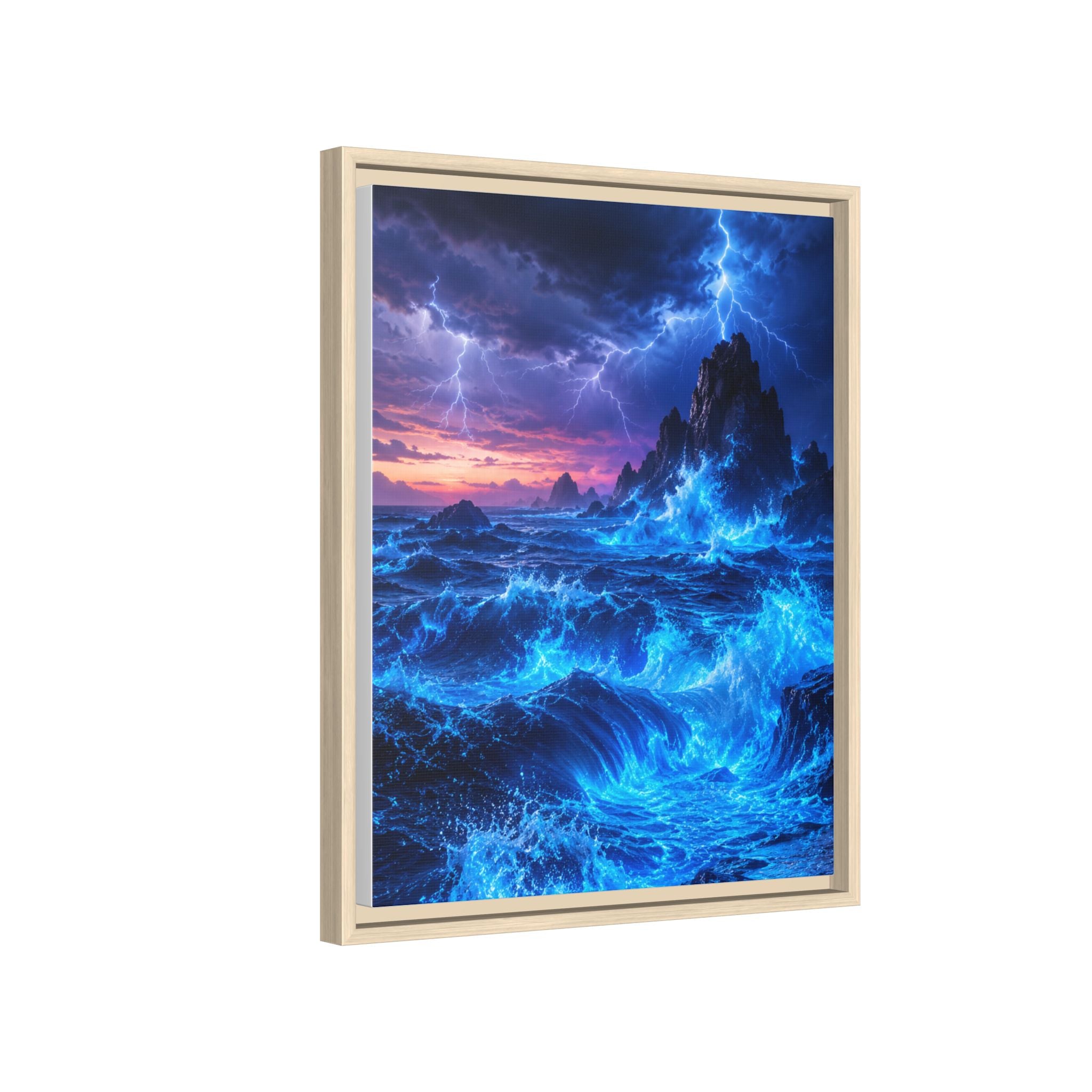 Framed Matte Canvas Art — Electric Stormy Ocean Landscape