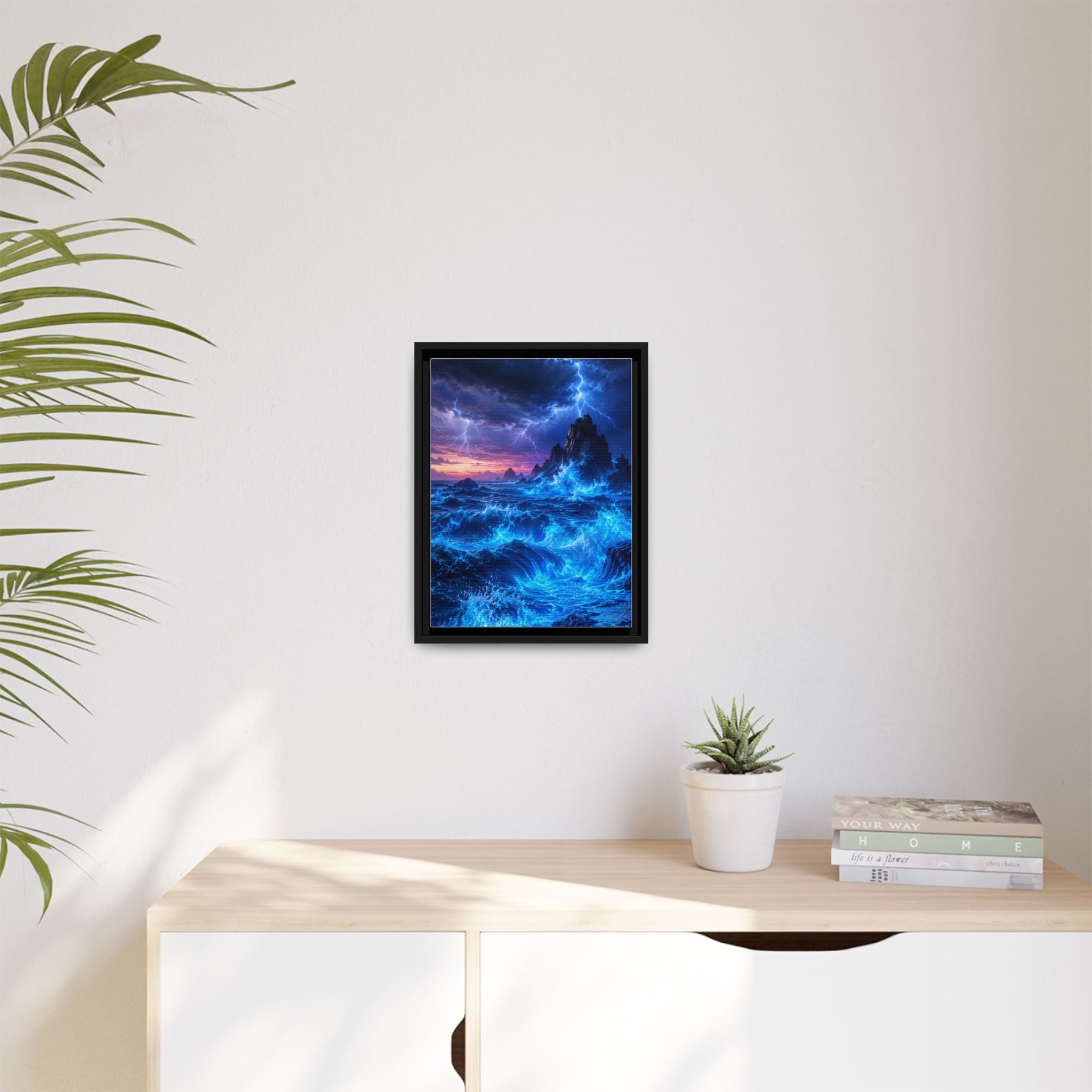 Framed Matte Canvas Art — Electric Stormy Ocean Landscape