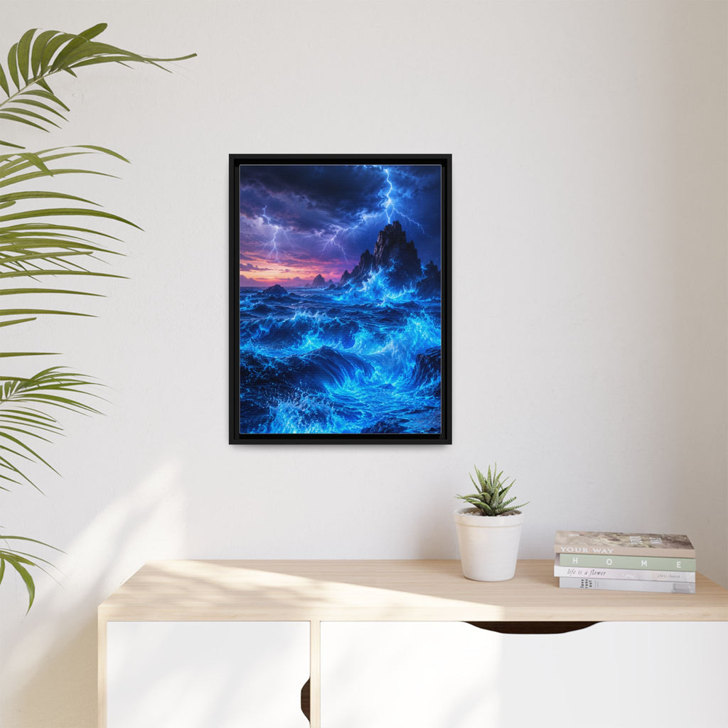 Framed Matte Canvas Art — Electric Stormy Ocean Landscape