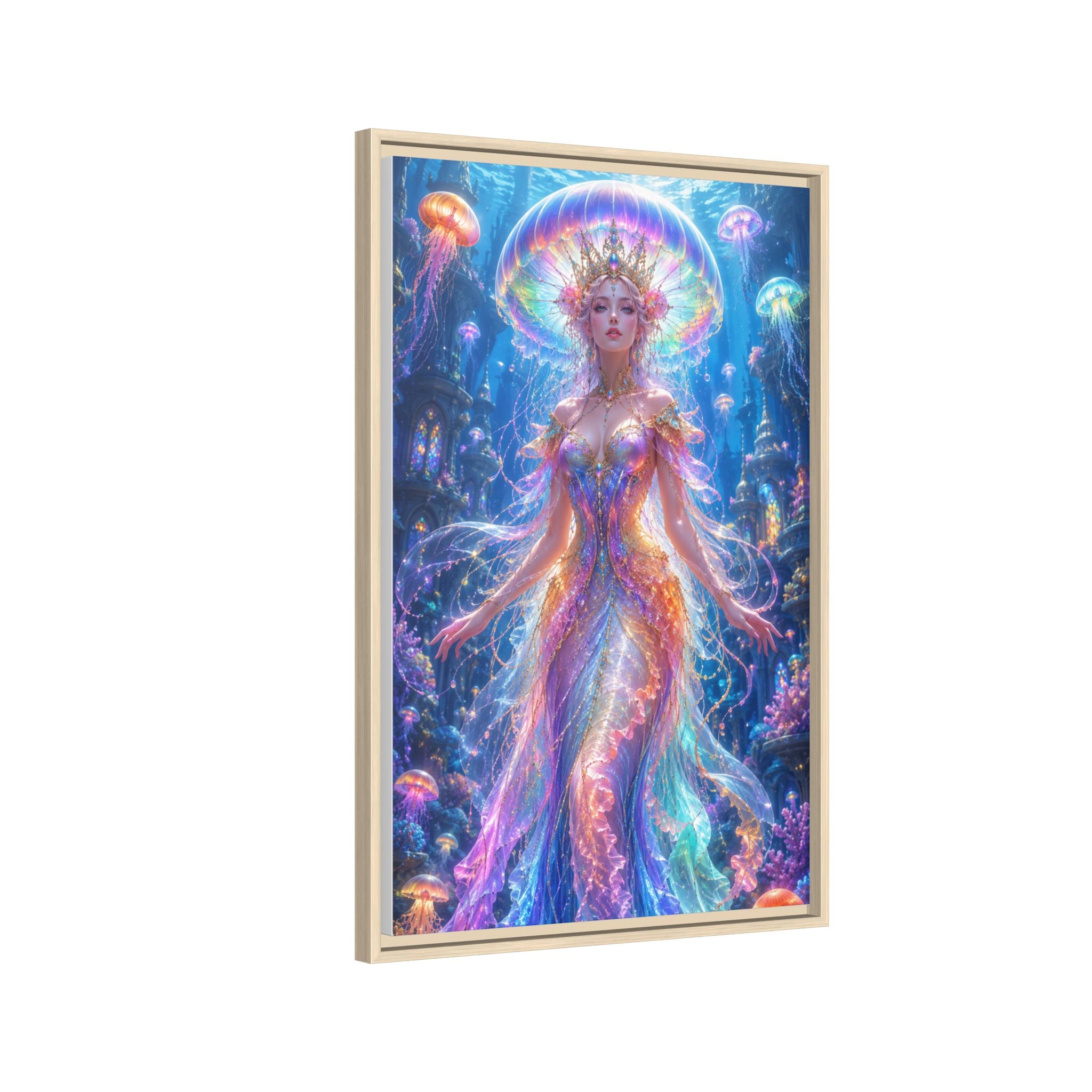 Jellyfish Queen Framed Canvas Art — Vibrant Mermaid Goddess Wall Print
