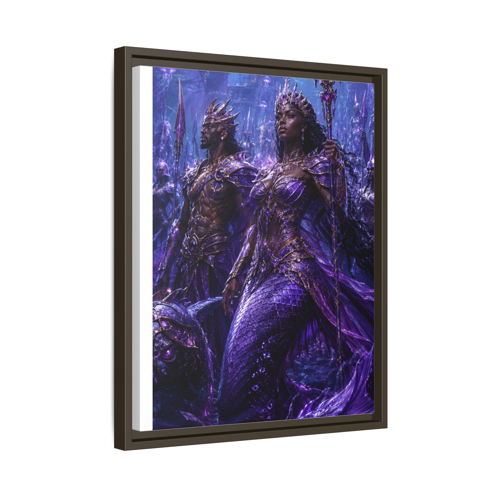 Framed Matte Canvas Print — Regal Underwater Merfolk Royalty (Purple)