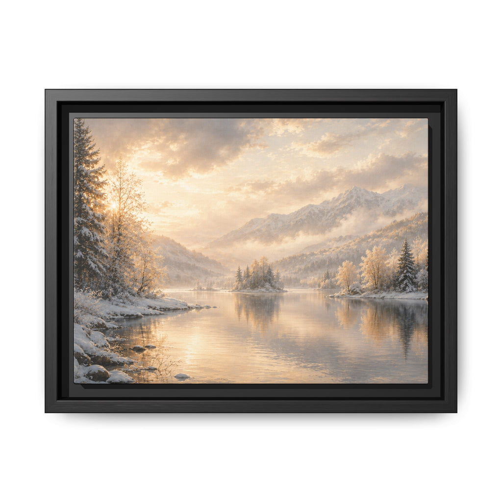 Framed Framed Canvas Print — Serene Golden Mountain Lake Landscape