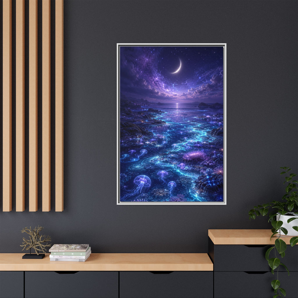 Framed Canvas Art — Bioluminescent Moonlit Ocean Scene