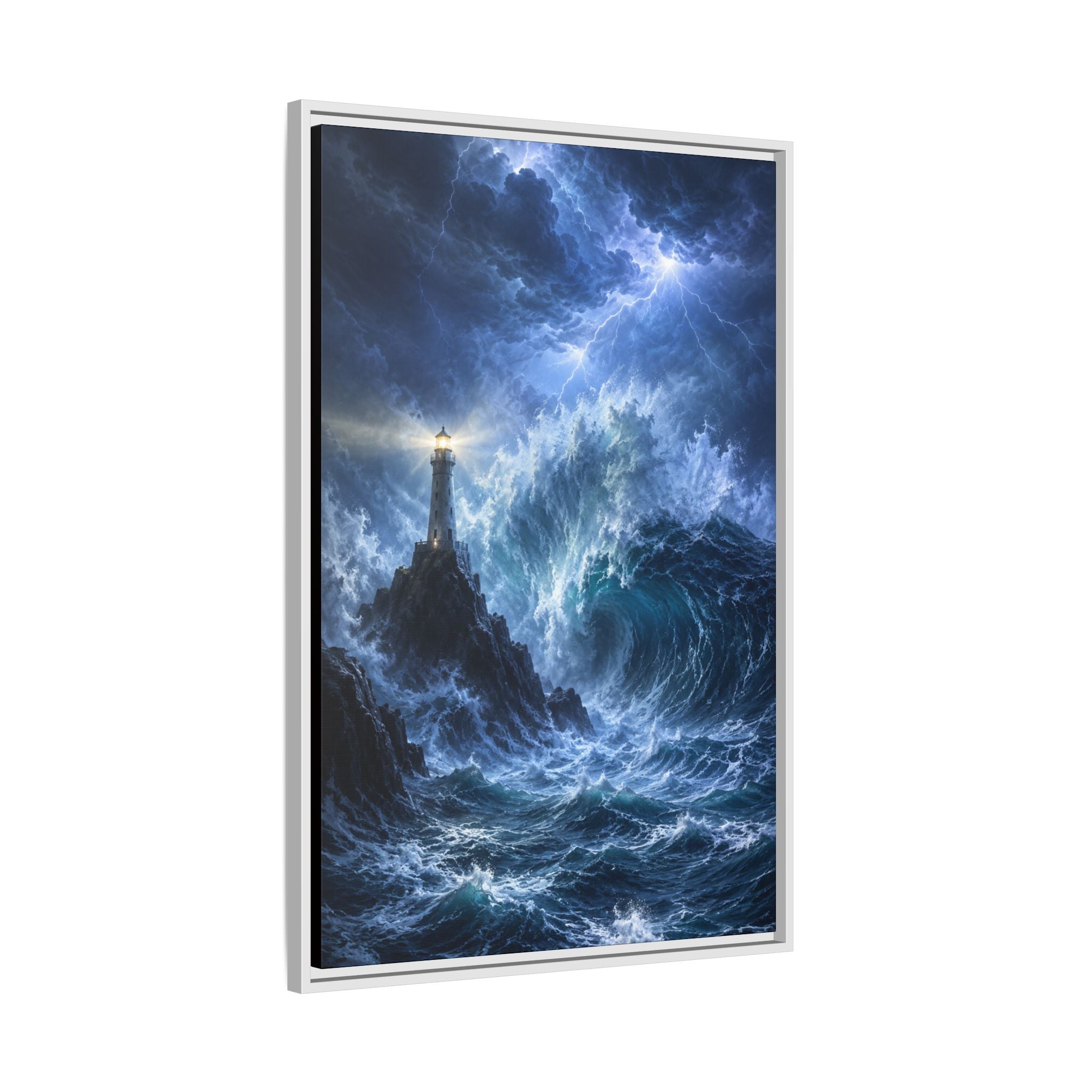 Framed Framed Canvas – Stormy Lighthouse Ocean Print