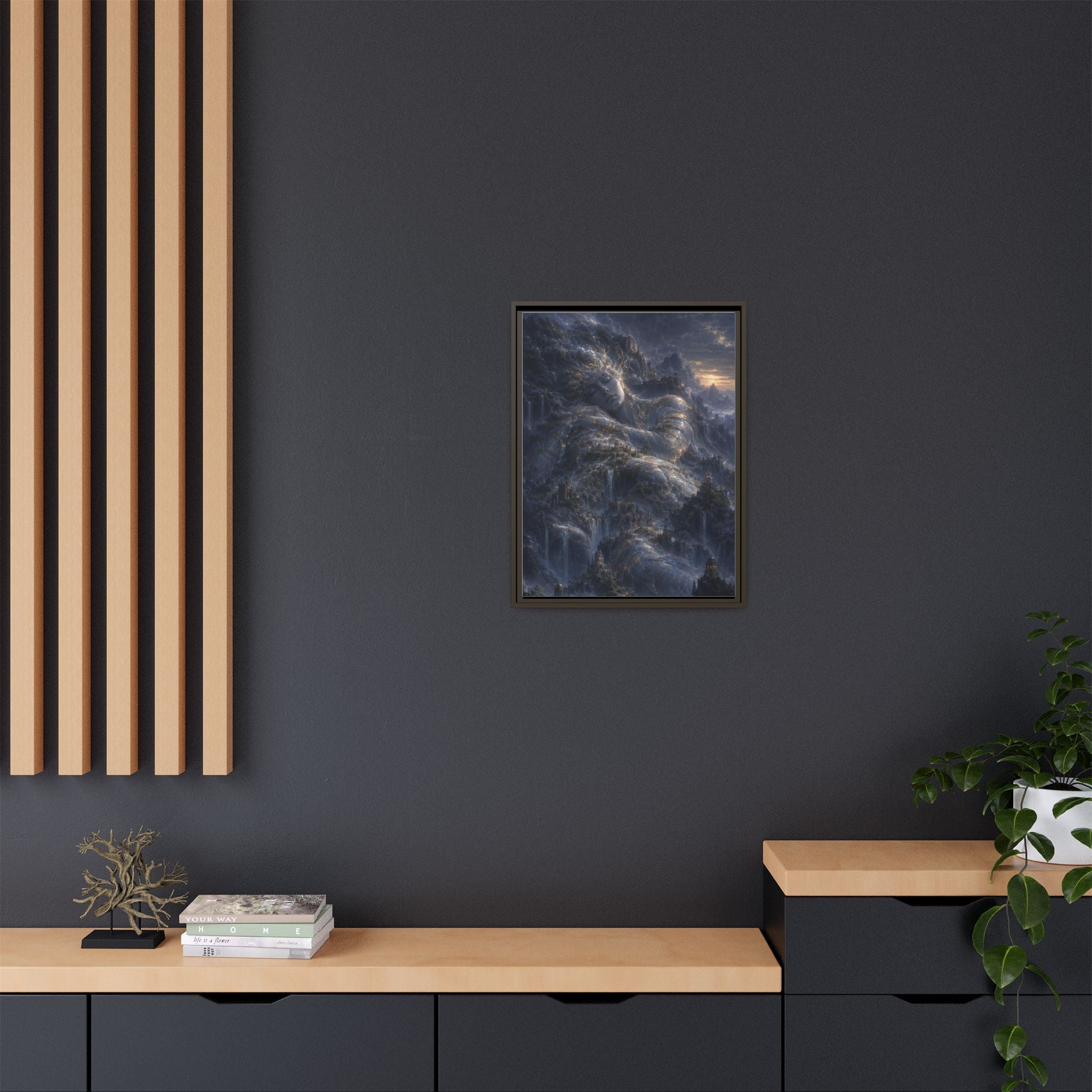 Framed Matte Canvas Wall Art — Misty Stormy Mountain Landscape