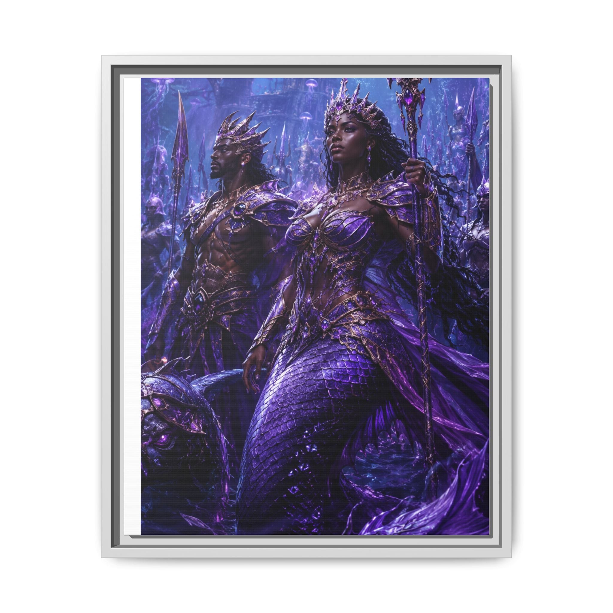 Framed Matte Canvas Print — Regal Underwater Merfolk Royalty (Purple)
