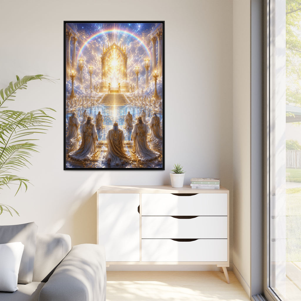 Heavenly Throne Room Matte Framed Canvas — Golden Angelic Realm Wall Art