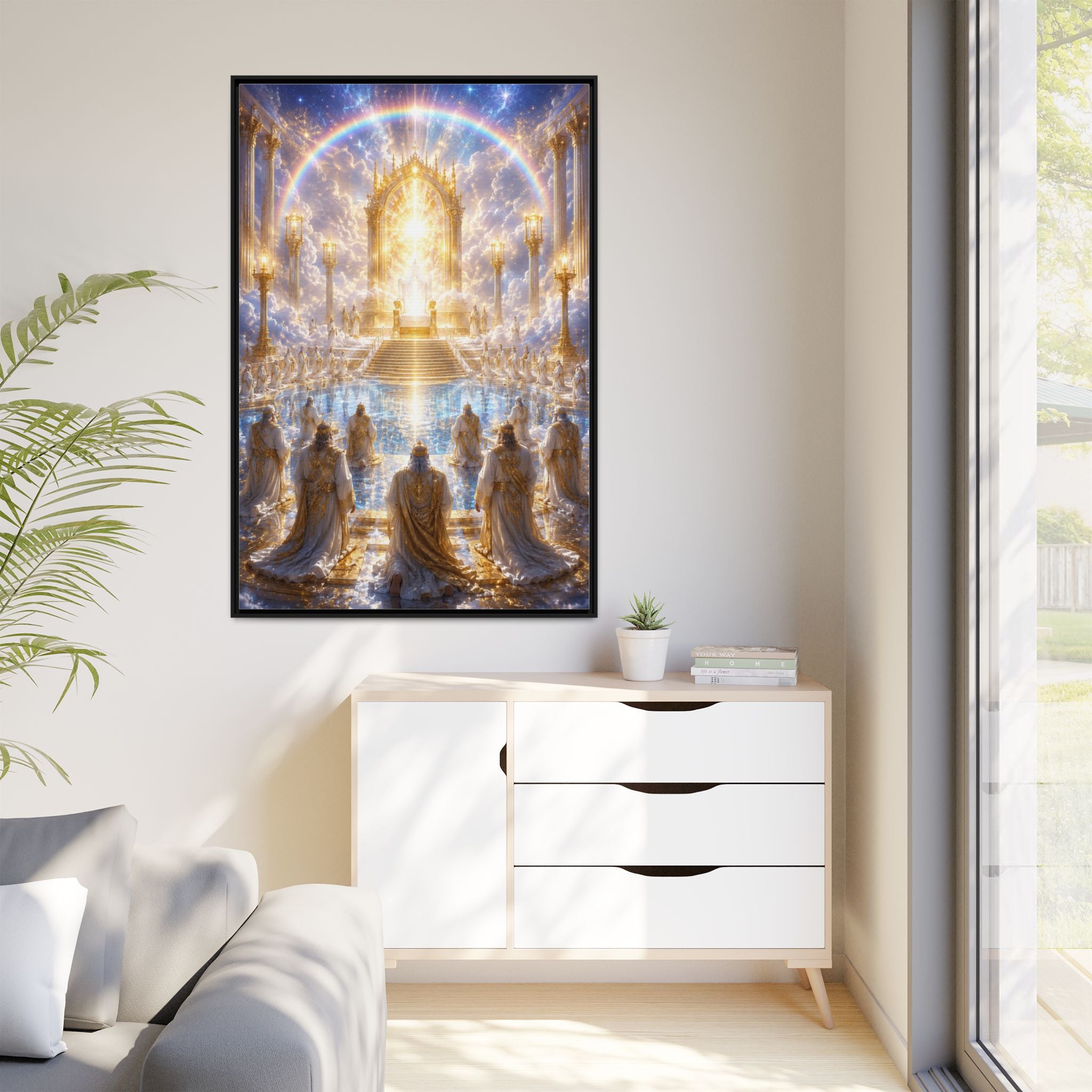 Heavenly Throne Room Matte Framed Canvas — Golden Angelic Realm Wall Art