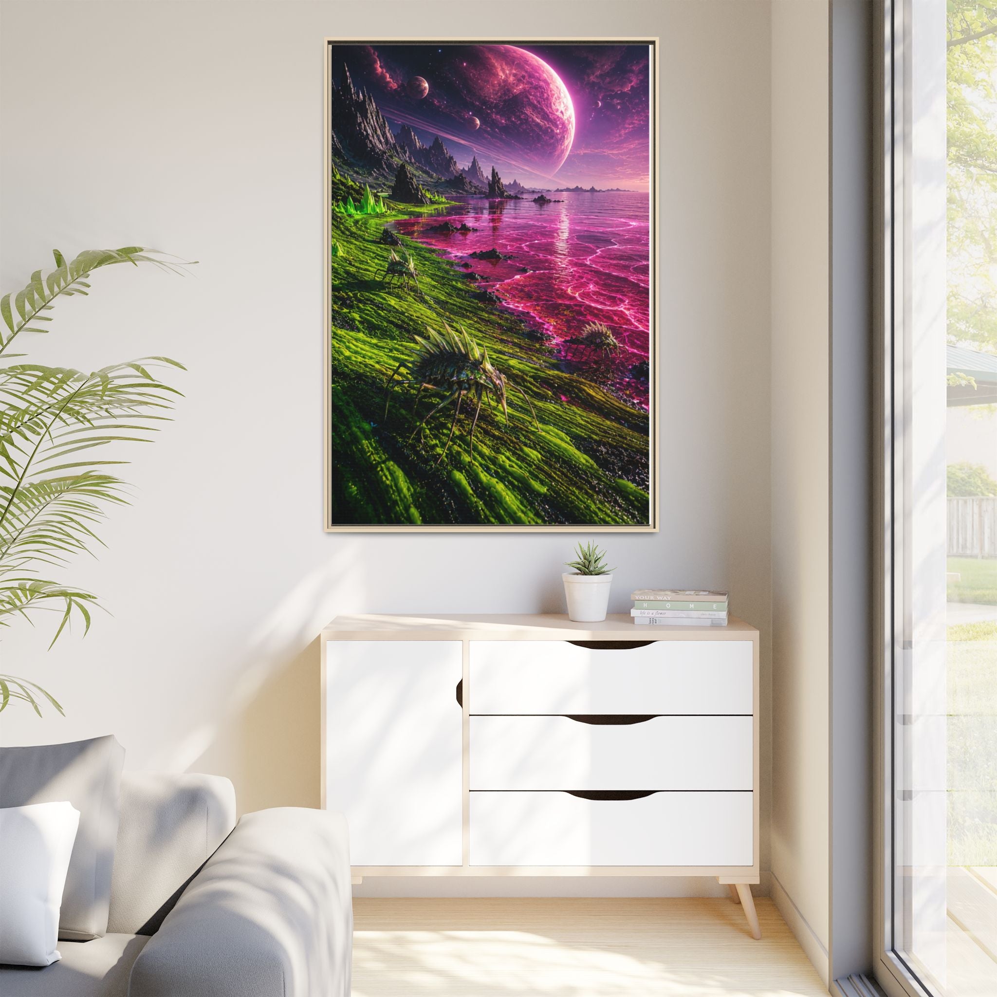 Framed Matte Canvas - Neon Alien Landscape Wall Art