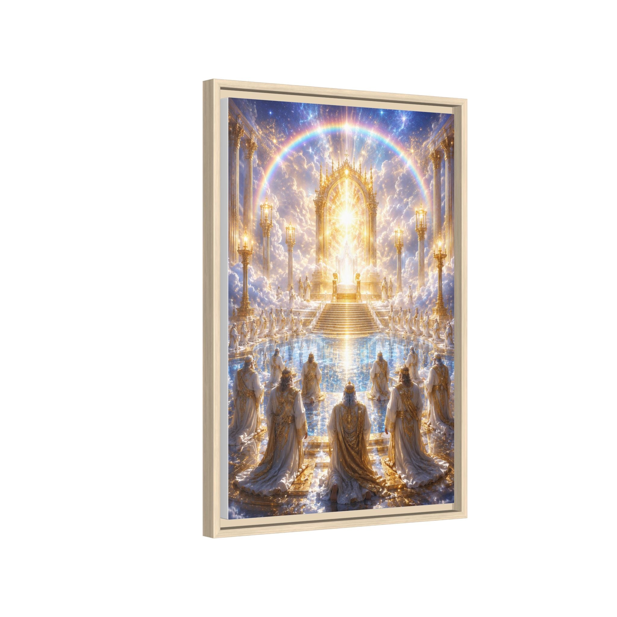 Heavenly Throne Room Matte Framed Canvas — Golden Angelic Realm Wall Art