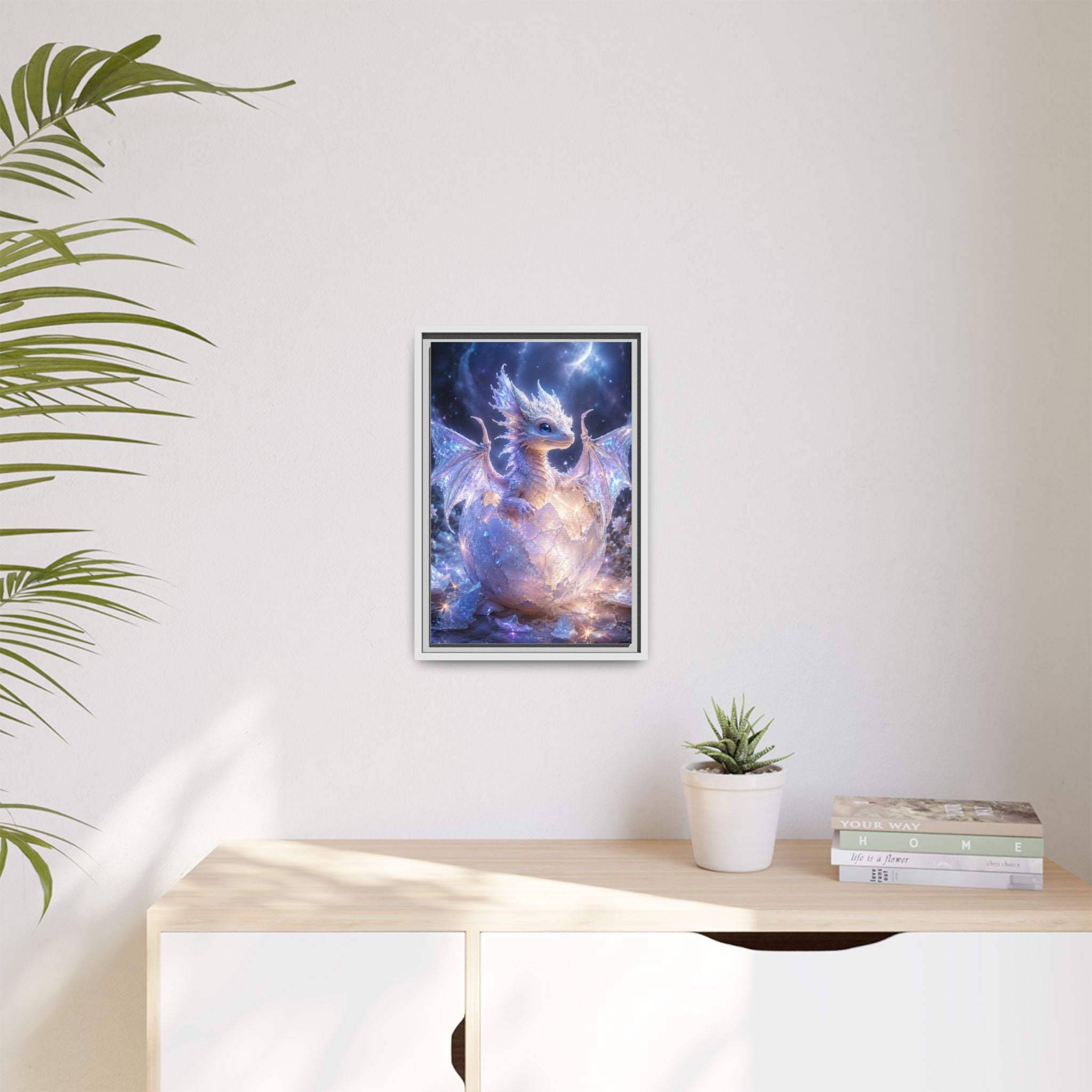 Framed Fantasy Dragon Canvas Print — Mystical Baby Dragon in Cracked Egg Wall Art