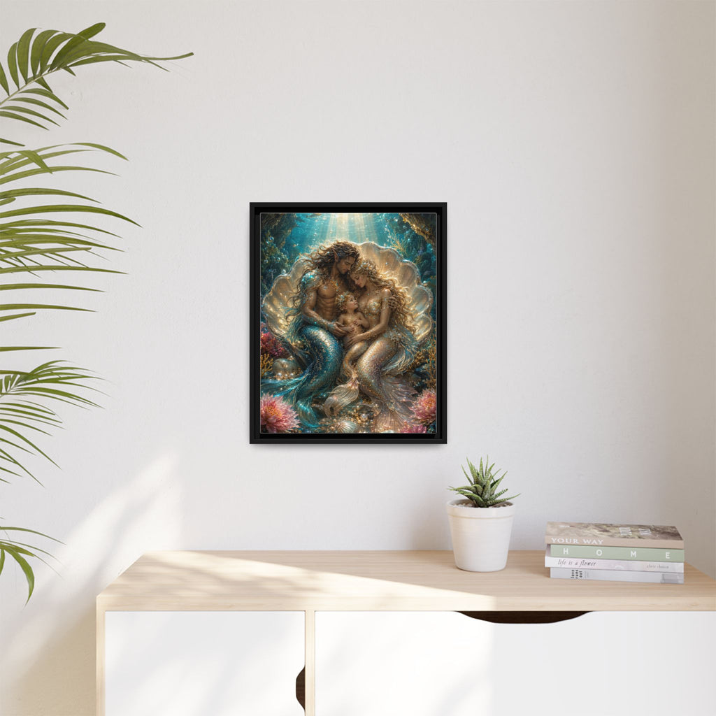 Framed Mermaid Family Art Print — Oceanic Fantasy Canvas Wall Decor