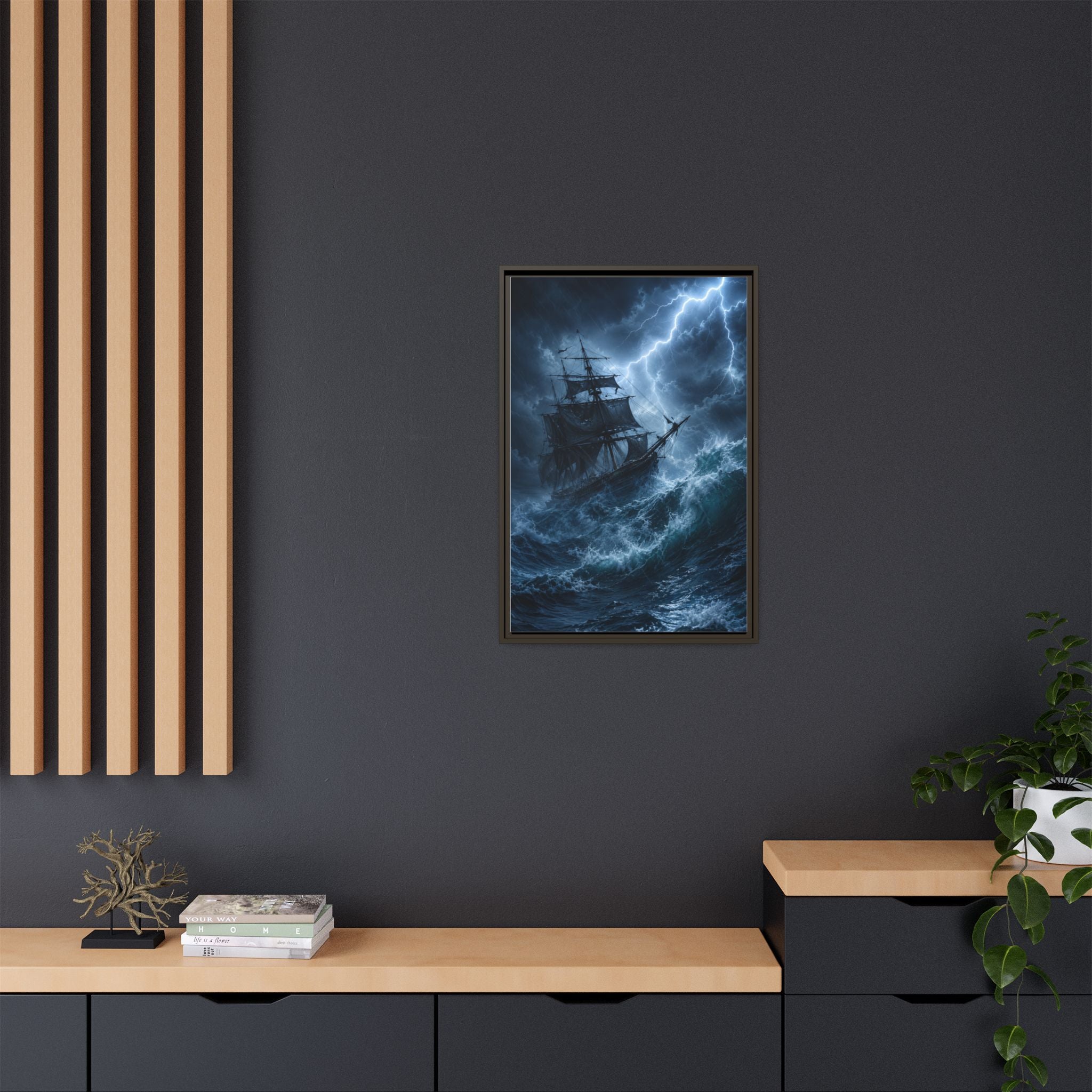 Stormy Seas Ship Painting — Framed Matte Canvas Wall Art