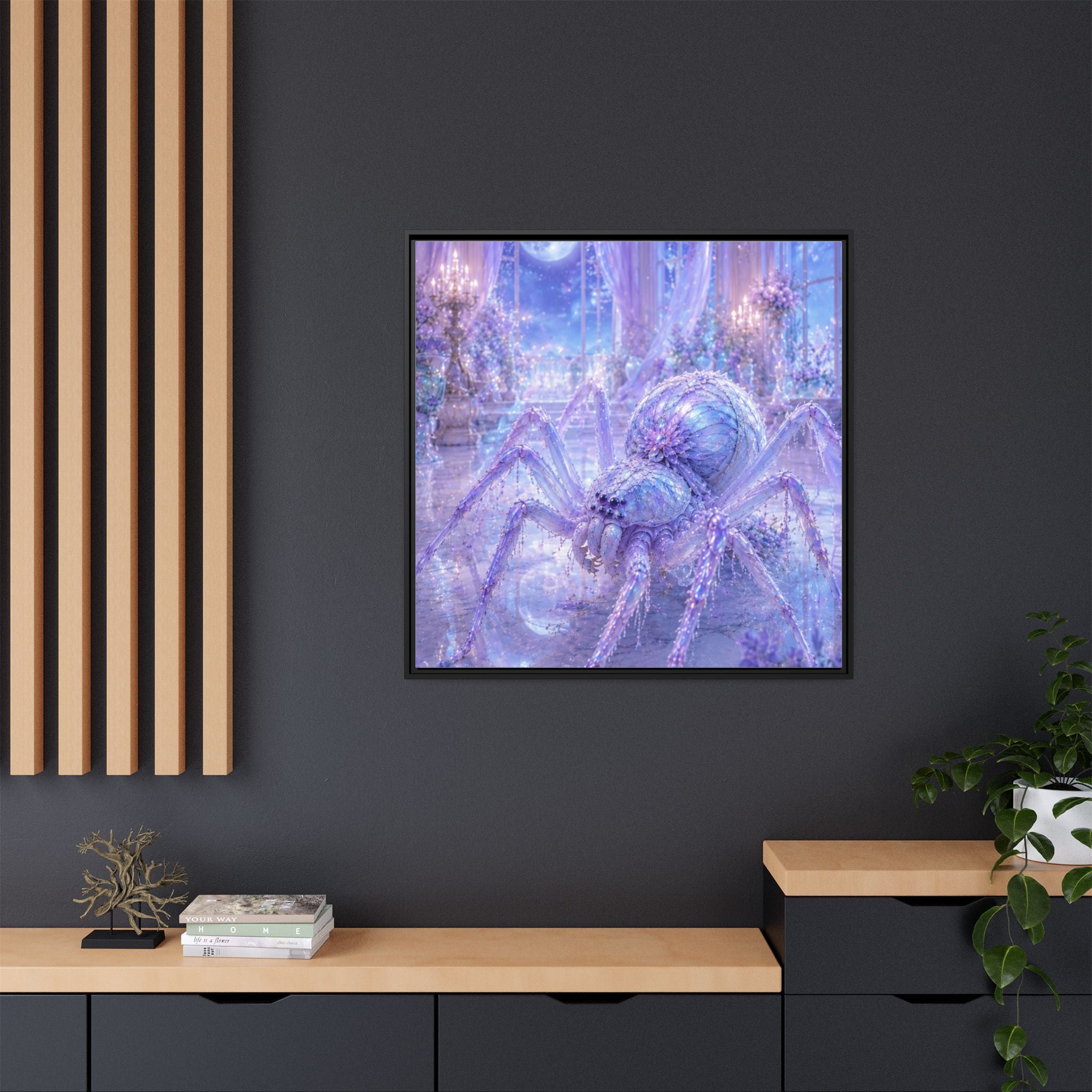 Moonlit Spider Fantasy Canvas Print — Lavender Enchanted Wall Art (Framed)