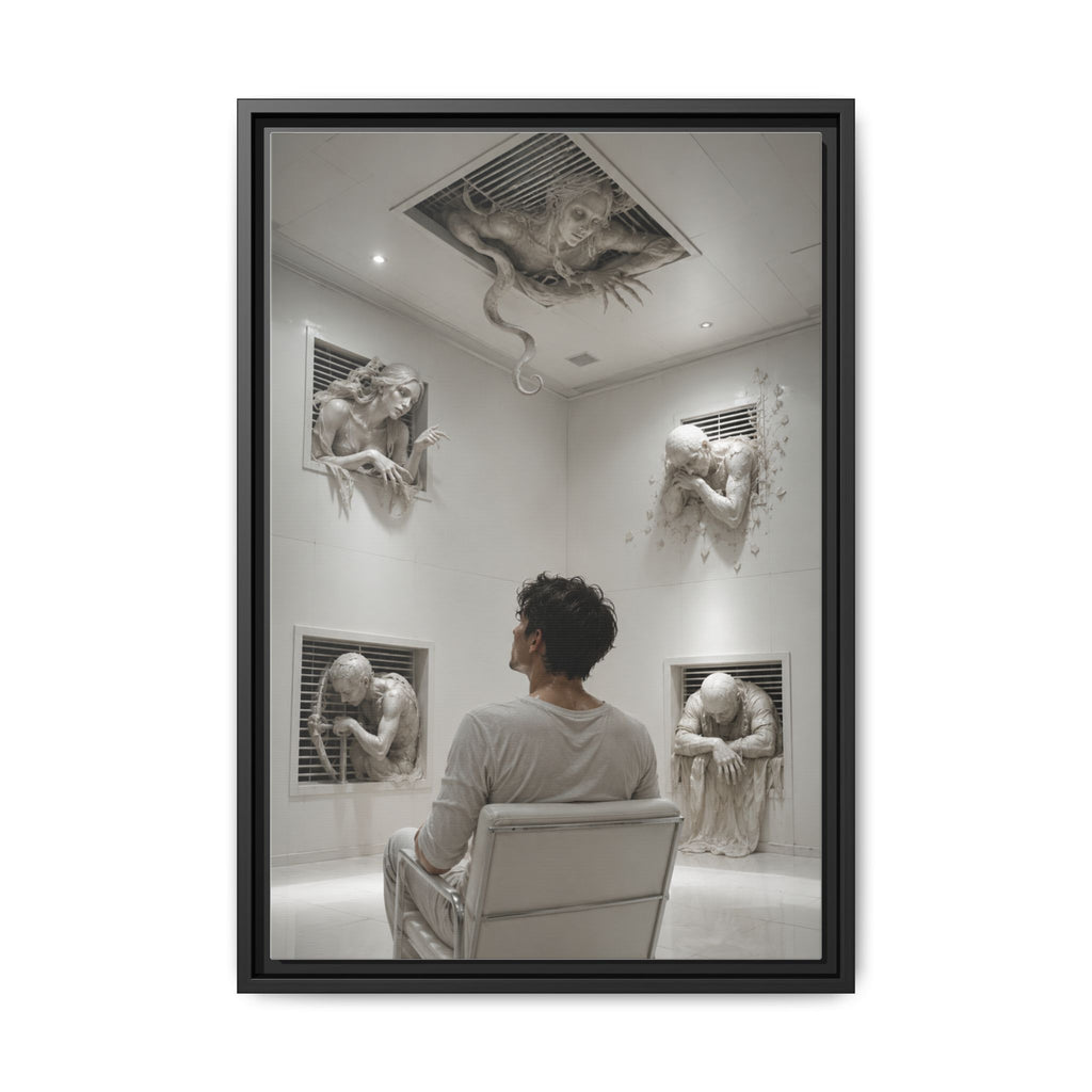 Surreal Wall Art Canvas — Man in Gallery with Sculpted Figures, Framed Matte Print