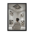 Surreal Wall Art Canvas — Man in Gallery with Sculpted Figures, Framed Matte Print
